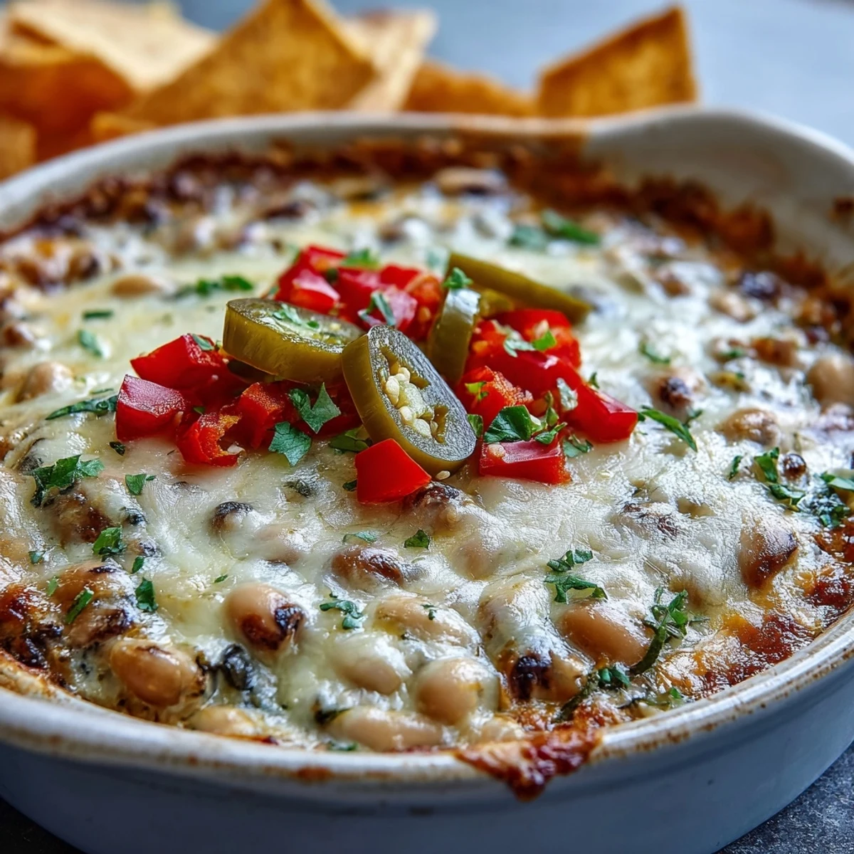 Golden brown, bubbly Hot Black-Eyed Pea Dip fresh from the oven with a side of sturdy tortilla chips.