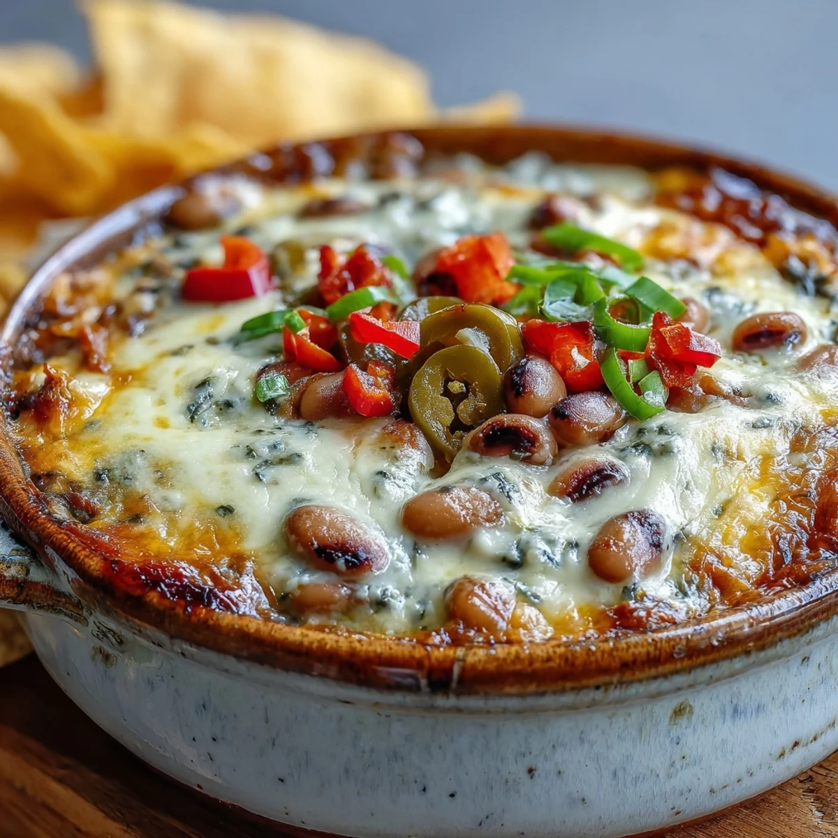 A creamy Hot Black-Eyed Pea Dip bubbling in a ceramic dish, flecked with green onions and red pepper.