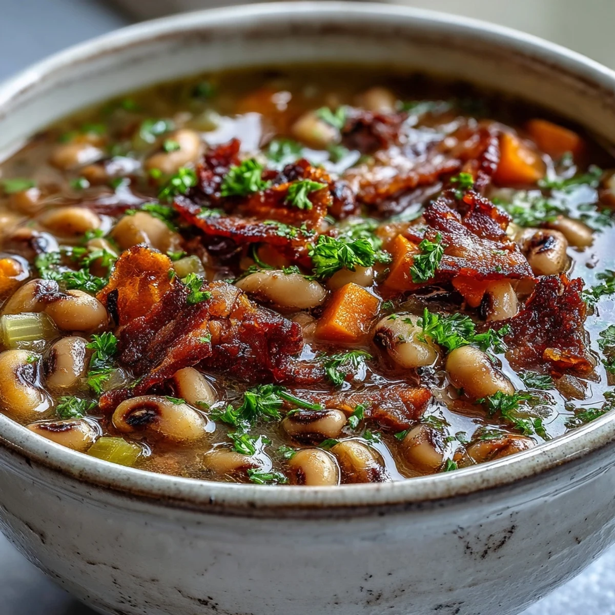 Southern Black-Eyed Peas and Bacon Soup simmering in a rustic pot, showing tender peas and crisp bacon bits in a rich broth.