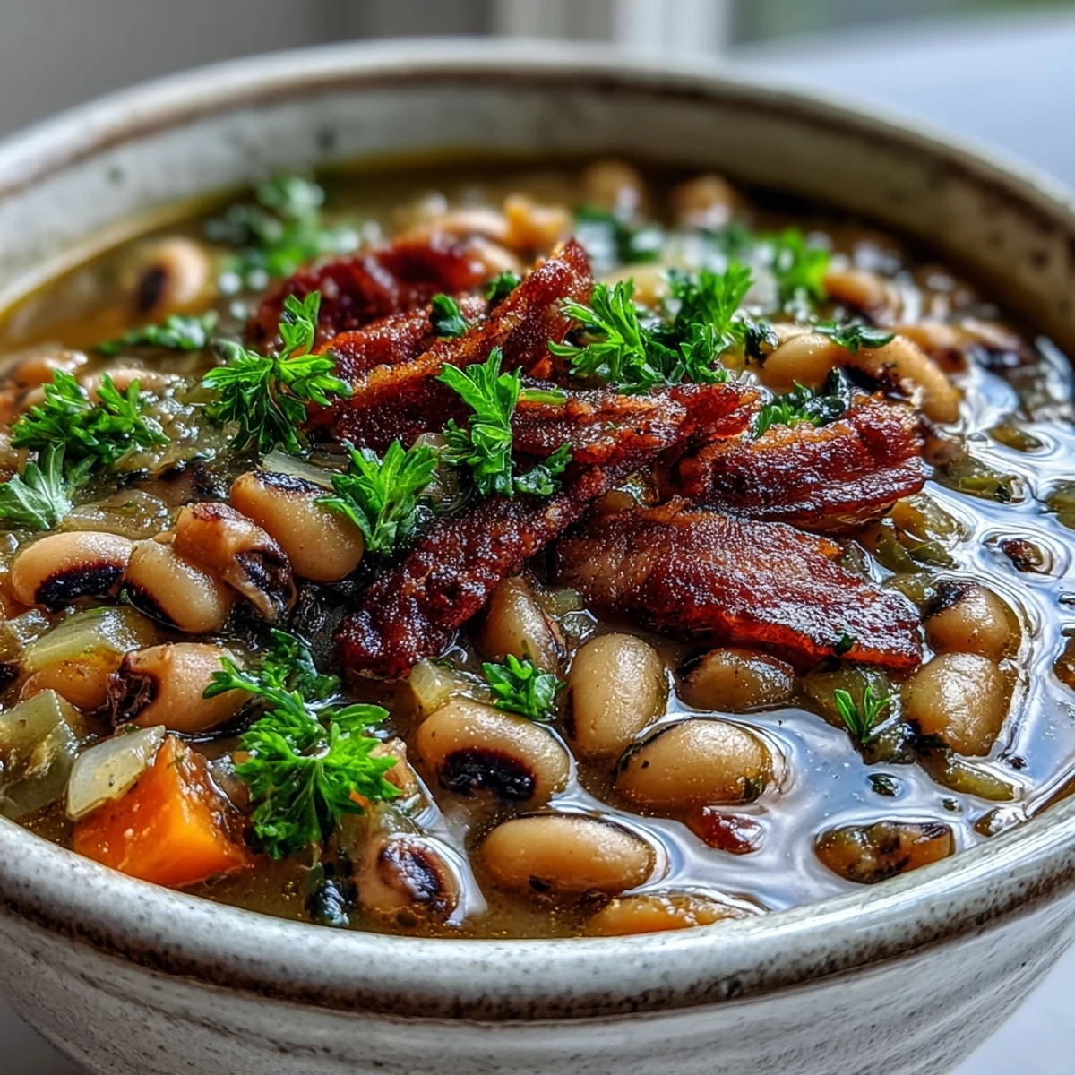 A hearty bowl of Black-Eyed Peas and Bacon Soup garnished with fresh parsley, served alongside a slice of cornbread.
