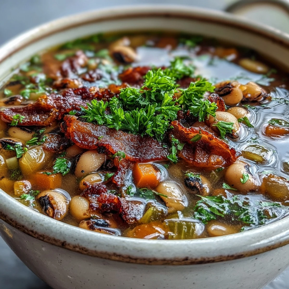Close-up of Black-Eyed Peas and Bacon Soup ladle scooping up peas, carrots, and smoky bacon in a savory broth.