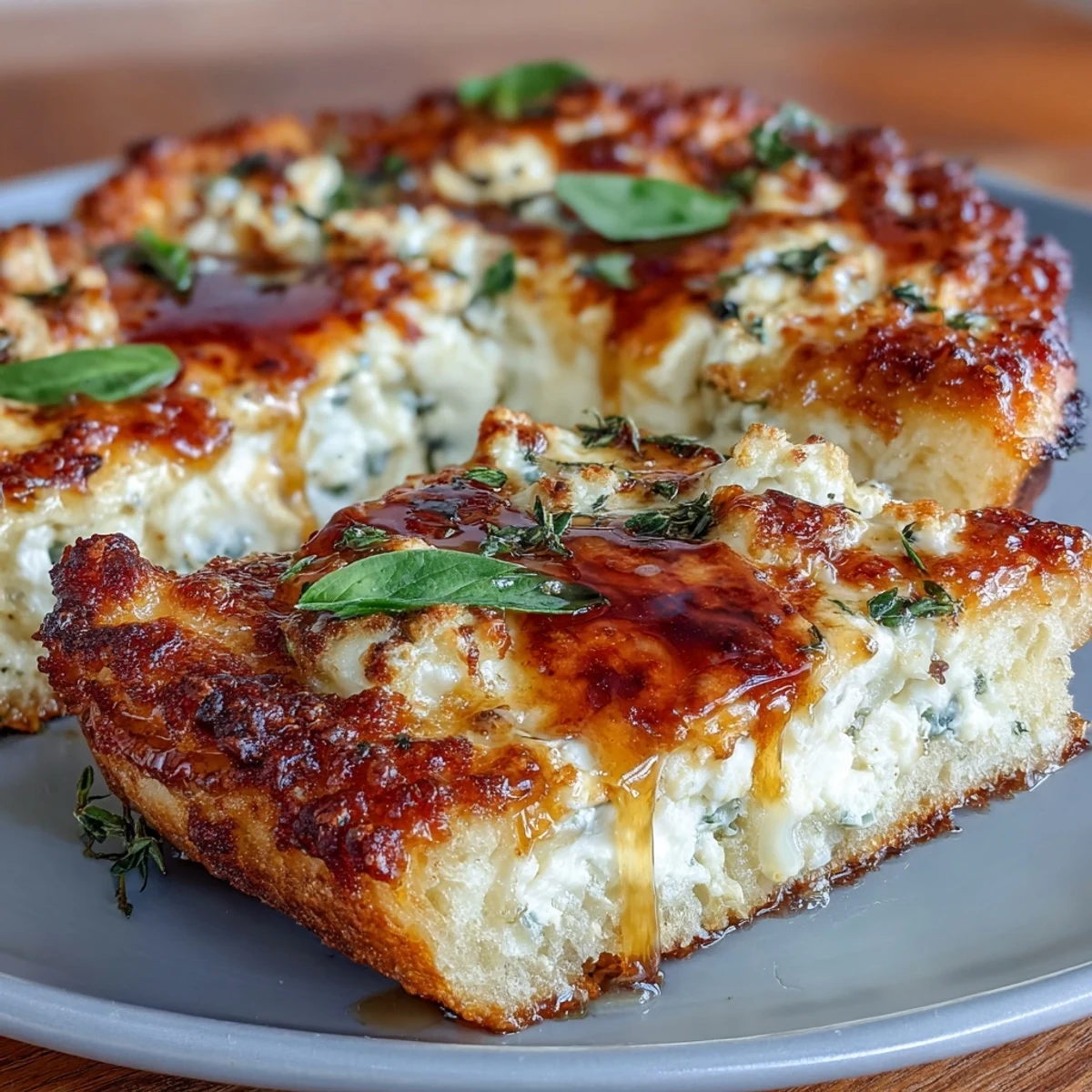 Fresh basil and warm spicy honey drizzled over a slice of Hot Honey Ricotta Pizza.