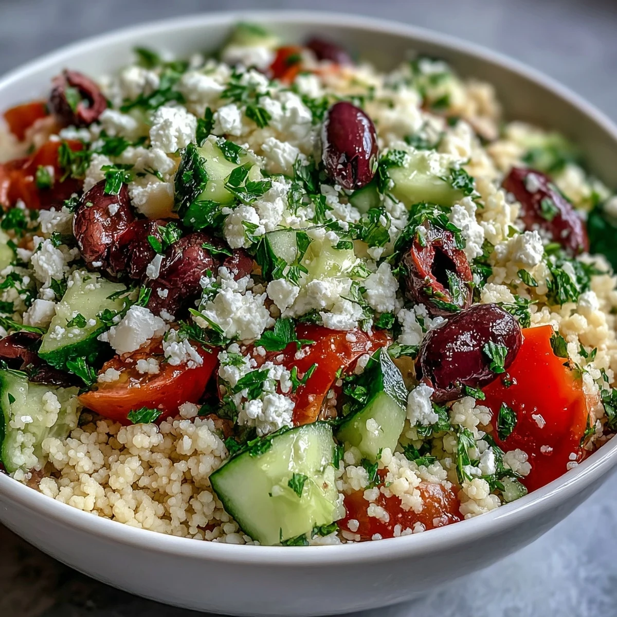 A colorful bowl of Mediterranean Pearl Couscous topped with crumbled feta cheese, chopped parsley, and juicy halved cherry tomatoes served on a plate.