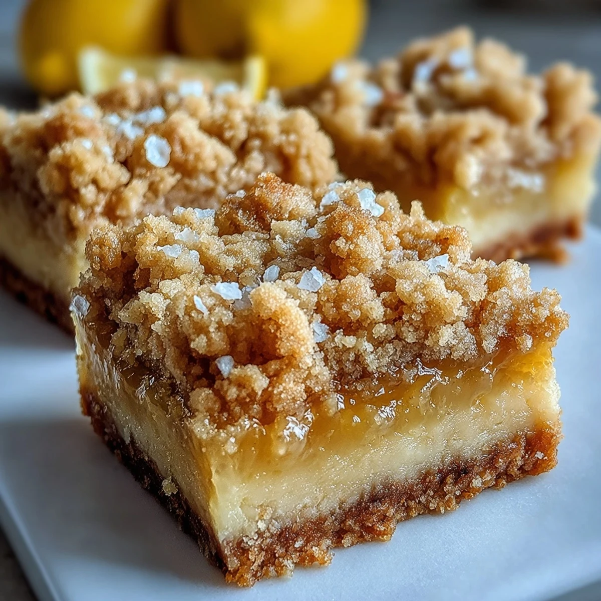 Close-up on the crumbly texture of Homemade Lemon Crumb Bars, showcasing the sweet yellow lemon filling and golden baked crust.