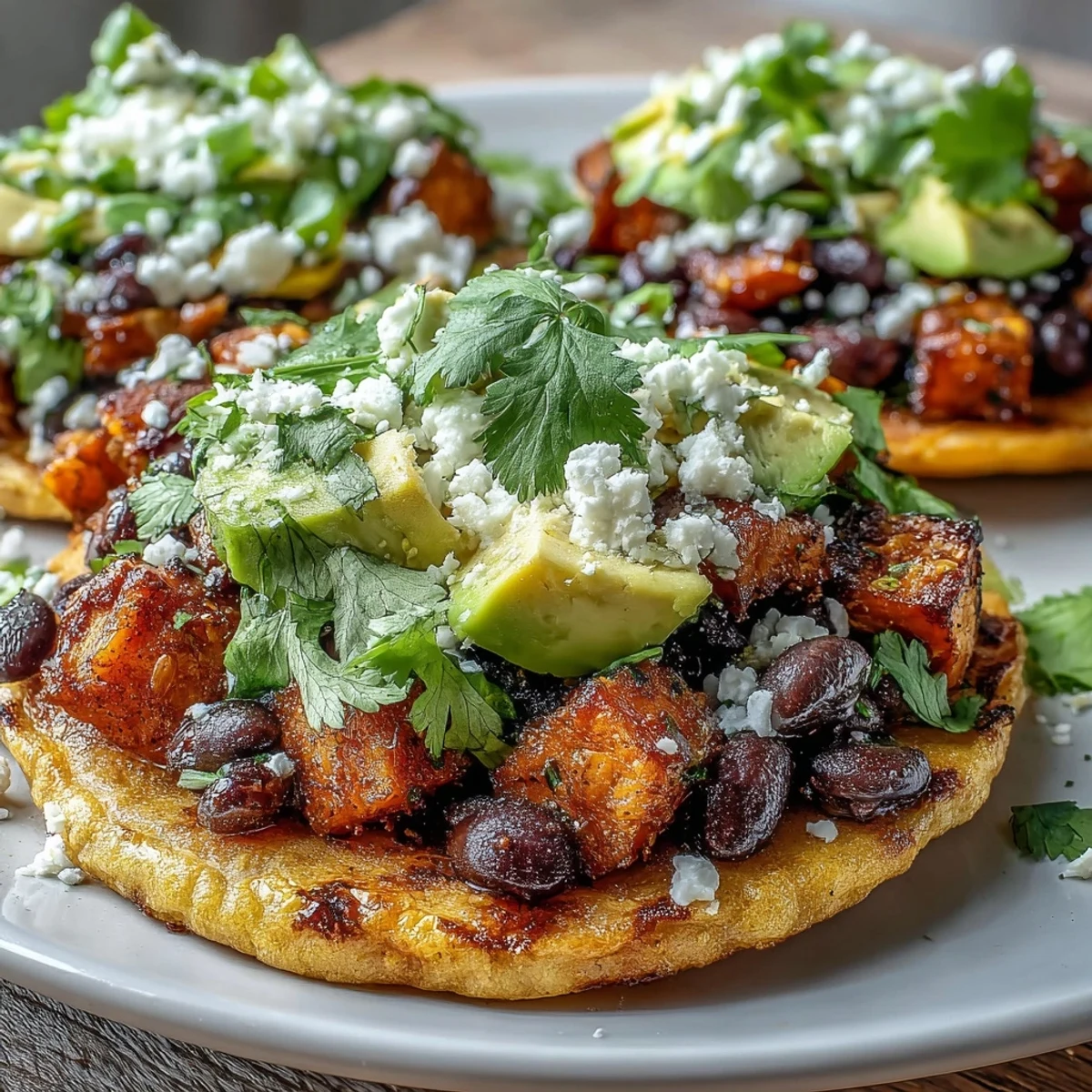 Crispy tostada shells loaded with caramelized sweet potato cubes and lime-spiked black bean corn mixture.