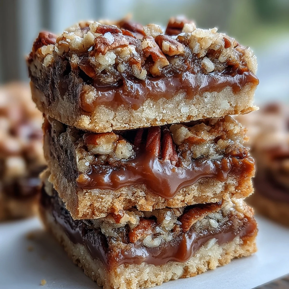 A close-up of Decadent Sweet and Chewy Turtle Bars, featuring caramel swirls over toasted oats and pecans with melted chocolate.