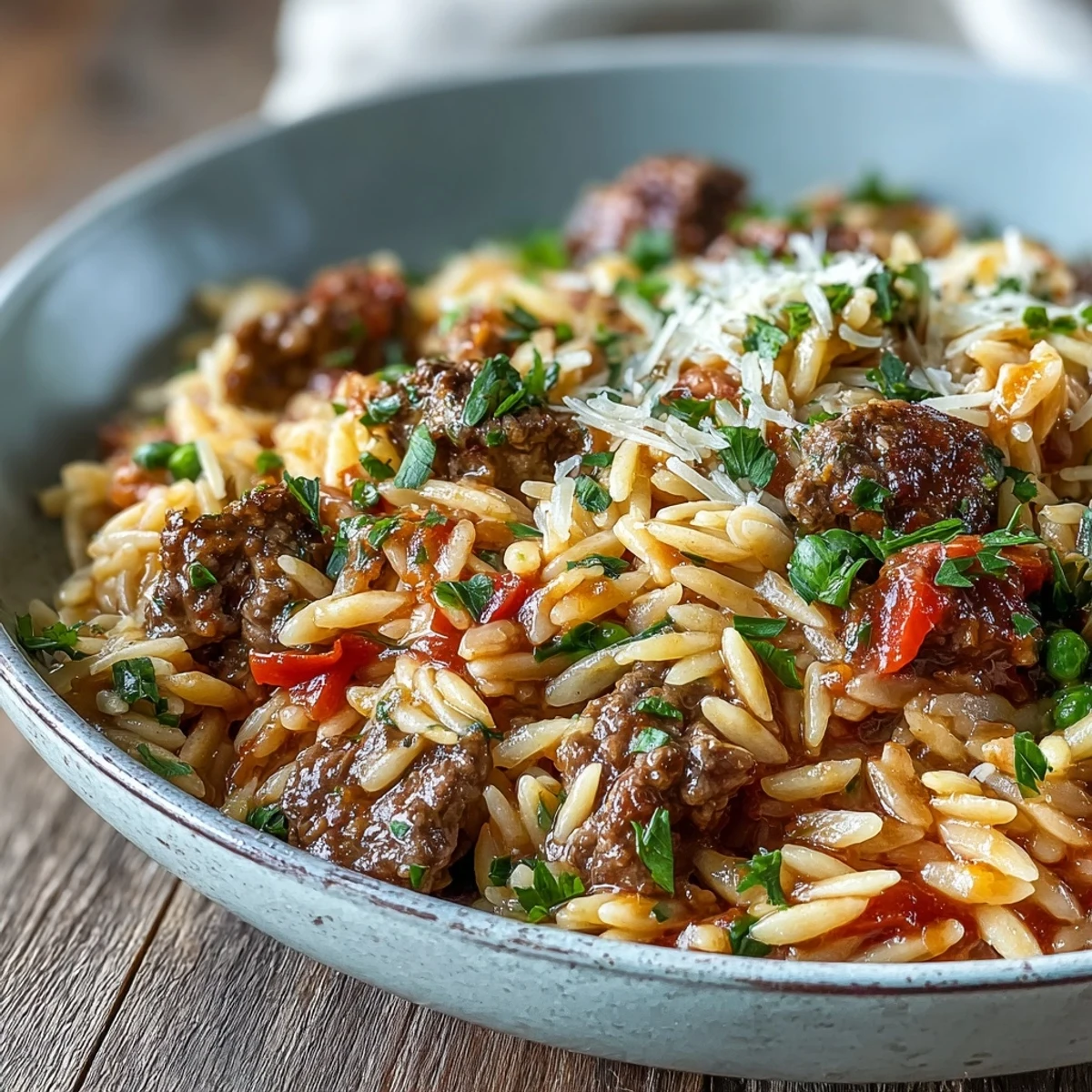 A steaming skillet of Comforting Ground Beef Orzo Dinner with bell peppers, topped with melted Parmesan and fresh parsley.