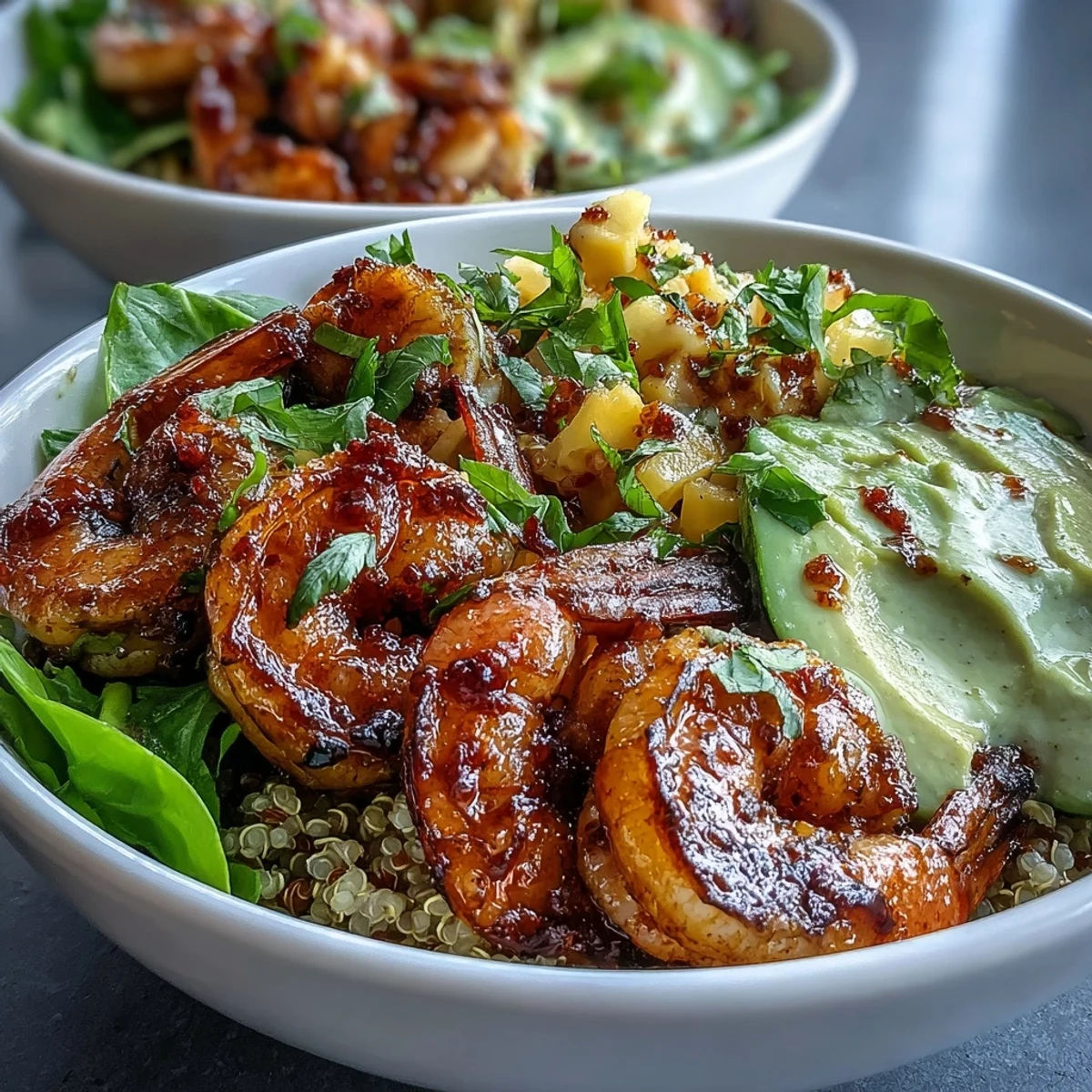 Grilled Fresh Shrimp and Creamy Avocado Bowls served over quinoa with zesty mango salsa and a dollop of lime chili sauce.