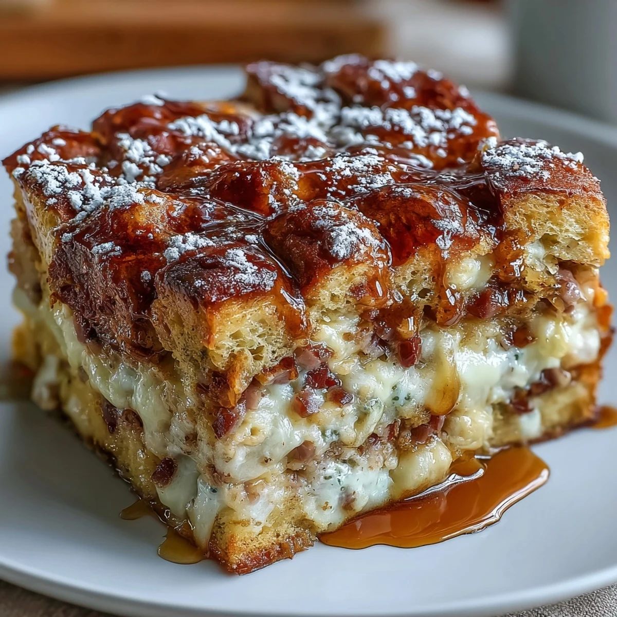 A golden-brown Monte Cristo Breakfast Casserole with powdered sugar dusting and maple syrup drizzle.