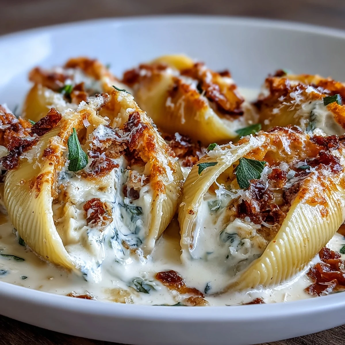 Freshly baked jumbo pasta shells overflowing with pumpkin and smoked Gouda filling, garnished with crispy sage leaves. 