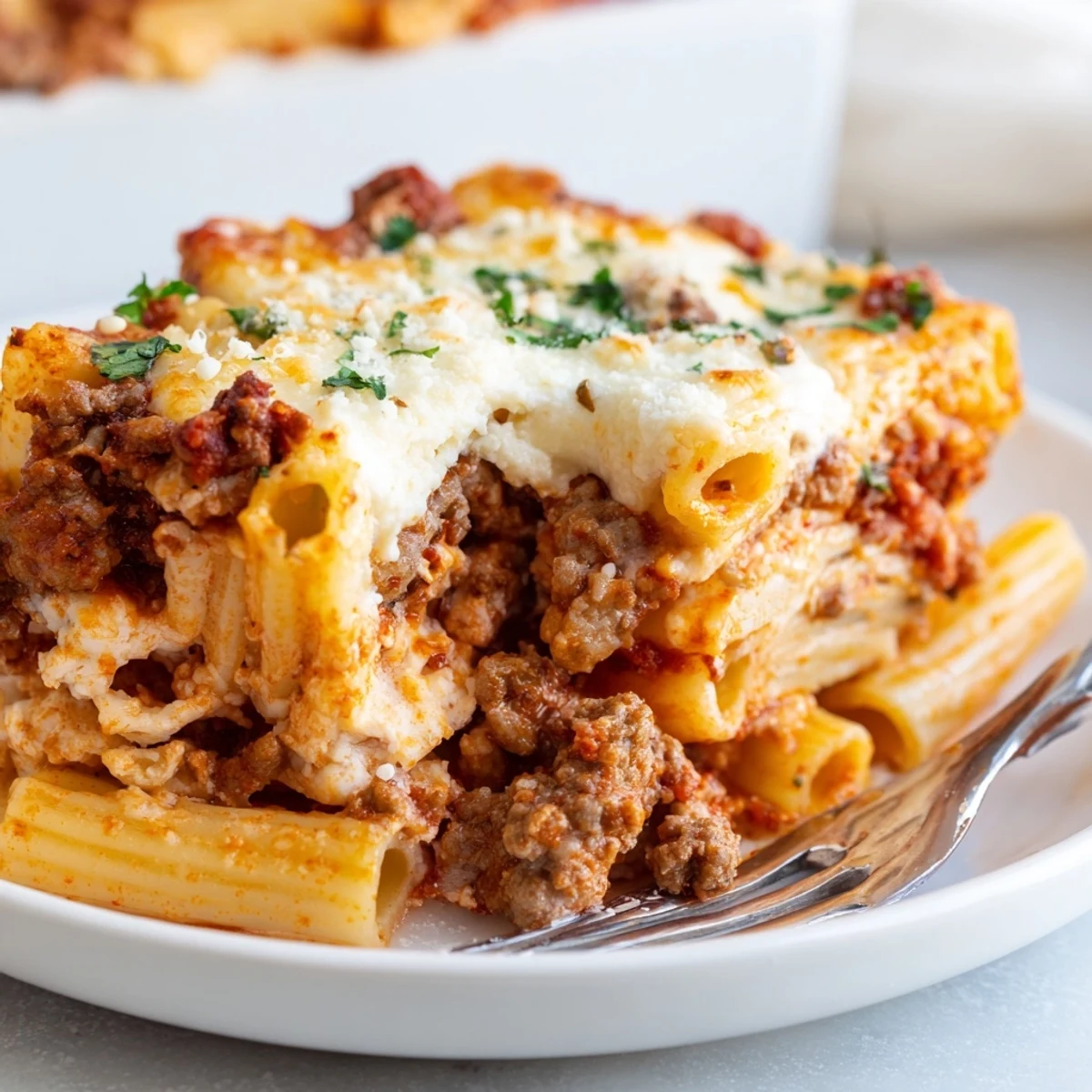 Baked Ziti with Meat Sauce layered with rich cheese and savory meat, perfect for family feasts.  