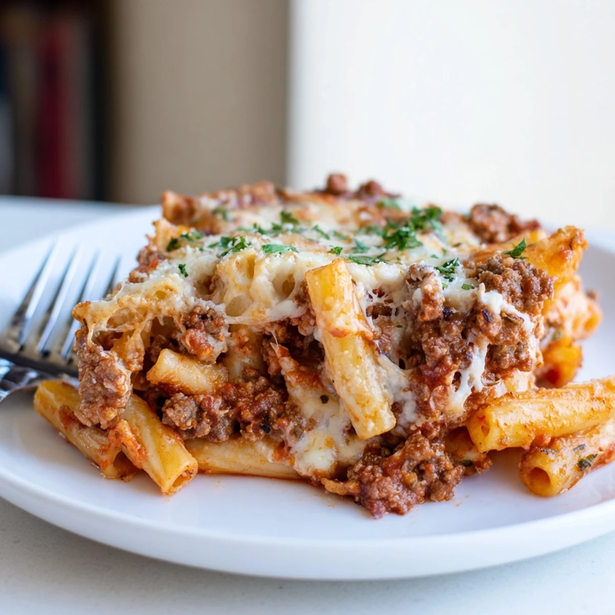 A delicious Baked Ziti with Meat Sauce topped with melted mozzarella and garnished with parsley.  