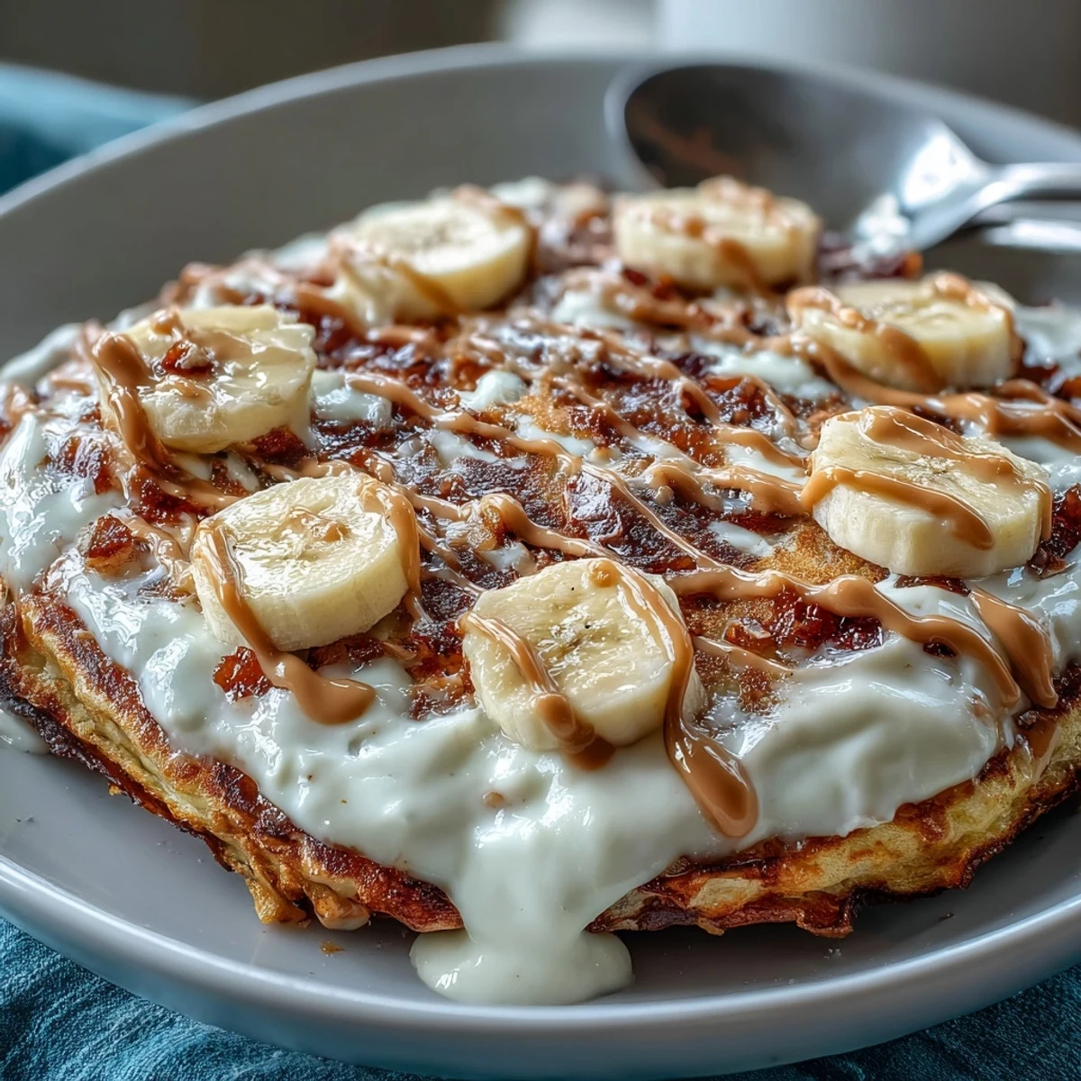 Warm baked High-Protein Breakfast Pizza Bowl featuring a golden pancake base, fluffy yogurt topping, and sliced bananas for breakfast.