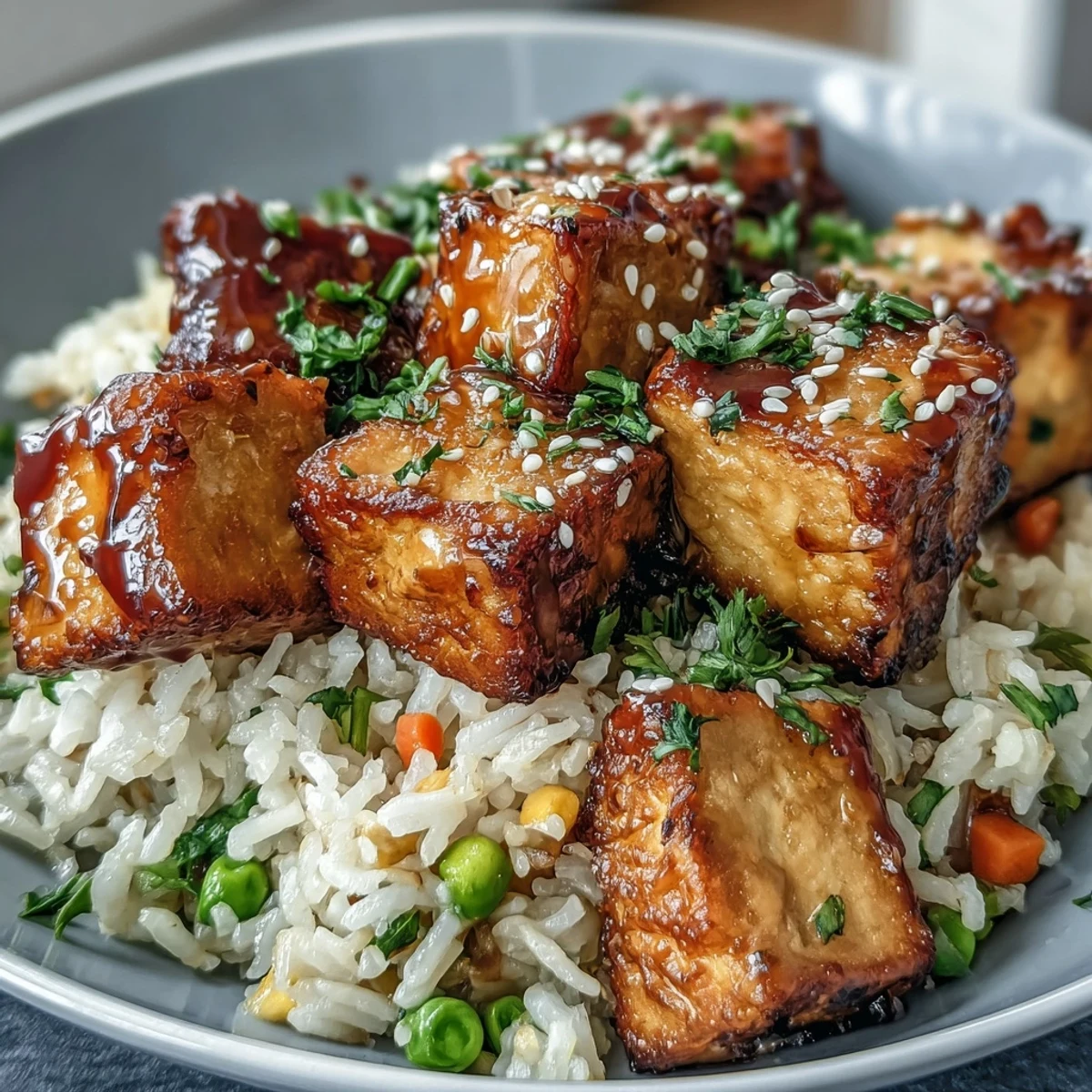 Golden-brown crispy tofu cubes and fluffy rice tossed with colorful mixed vegetables, drizzled with a soy–sesame–ginger sauce and topped with scallions in a skillet.