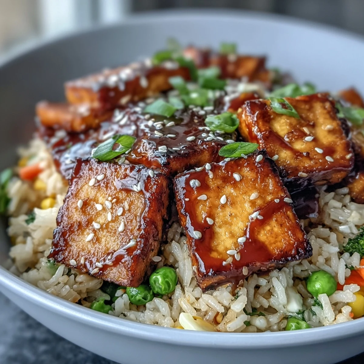 Freshly cooked Crispy Sesame Tofu Fried Rice steaming in a bowl, garnished with toasted sesame seeds and sliced scallions, ready for a quick weeknight dinner.
