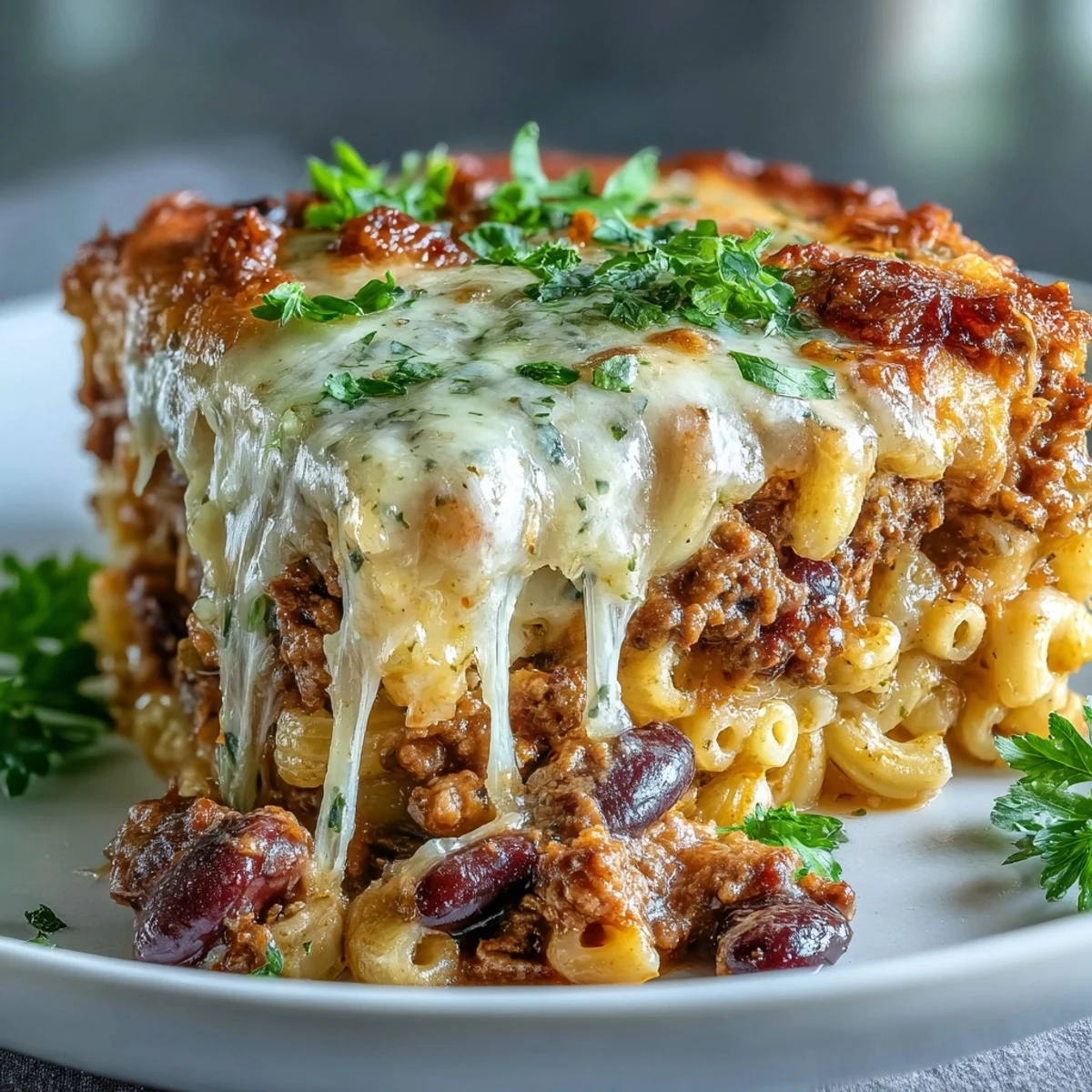 A hearty, creamy Baked Ranch Turkey Chili Mac casserole served steaming hot with fresh cilantro and a dollop of sour cream.