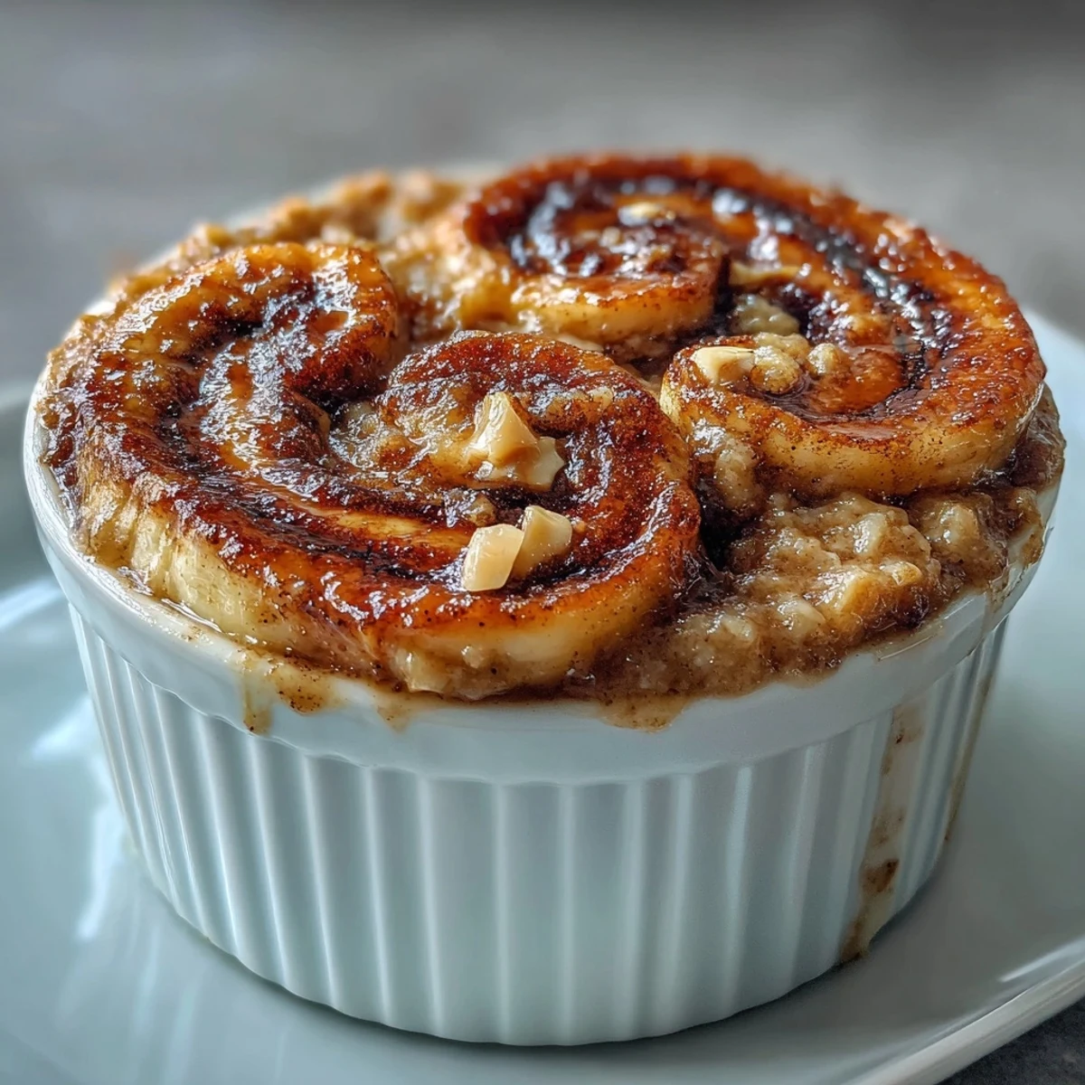 Warm Cinnamon Swirl Protein Banana Baked Oats served in a ramekin with a spoon nearby.