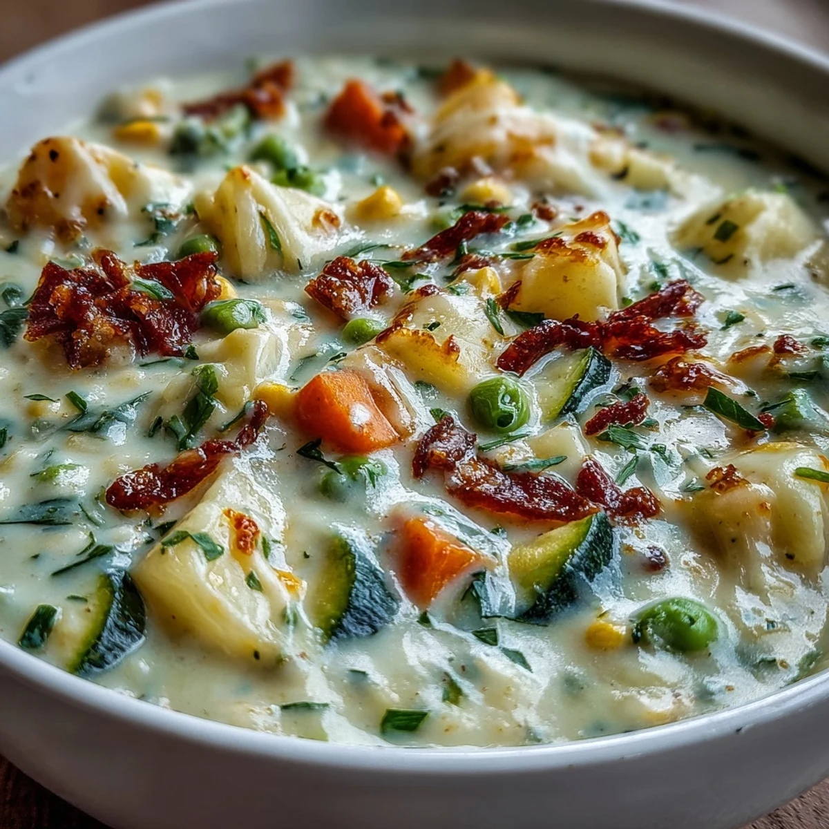 Served alongside crusty artisan bread, this Creamy Garlic Parmesan Veggie Soup looks creamy, cheesy, and comforting for dinner.