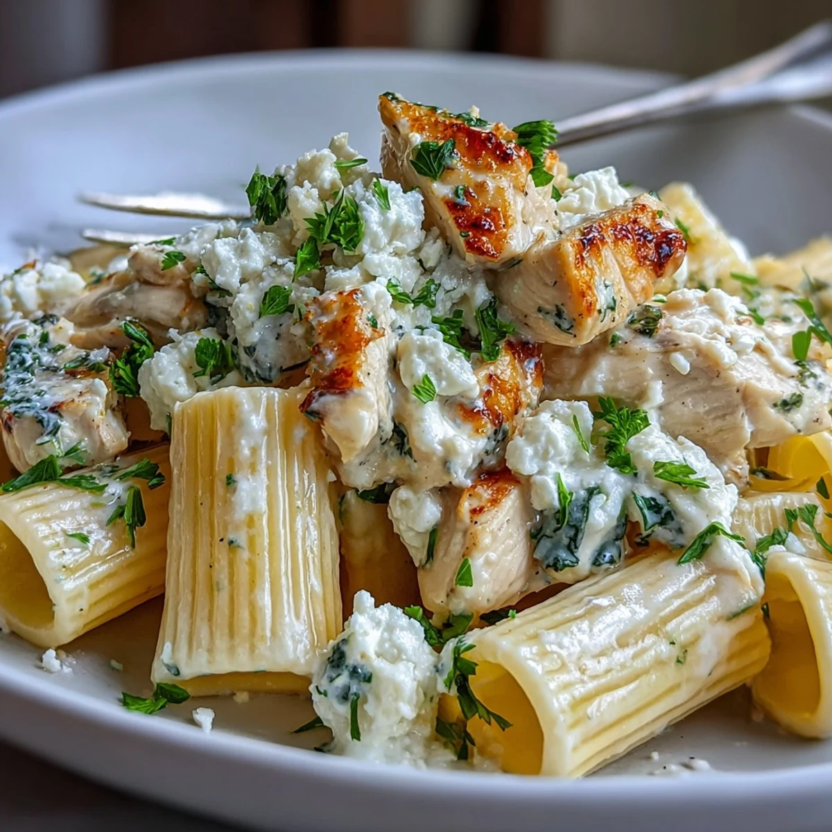 Family-style skillet of Creamy Lemon Feta Chicken Pasta served with extra feta and crusty bread.