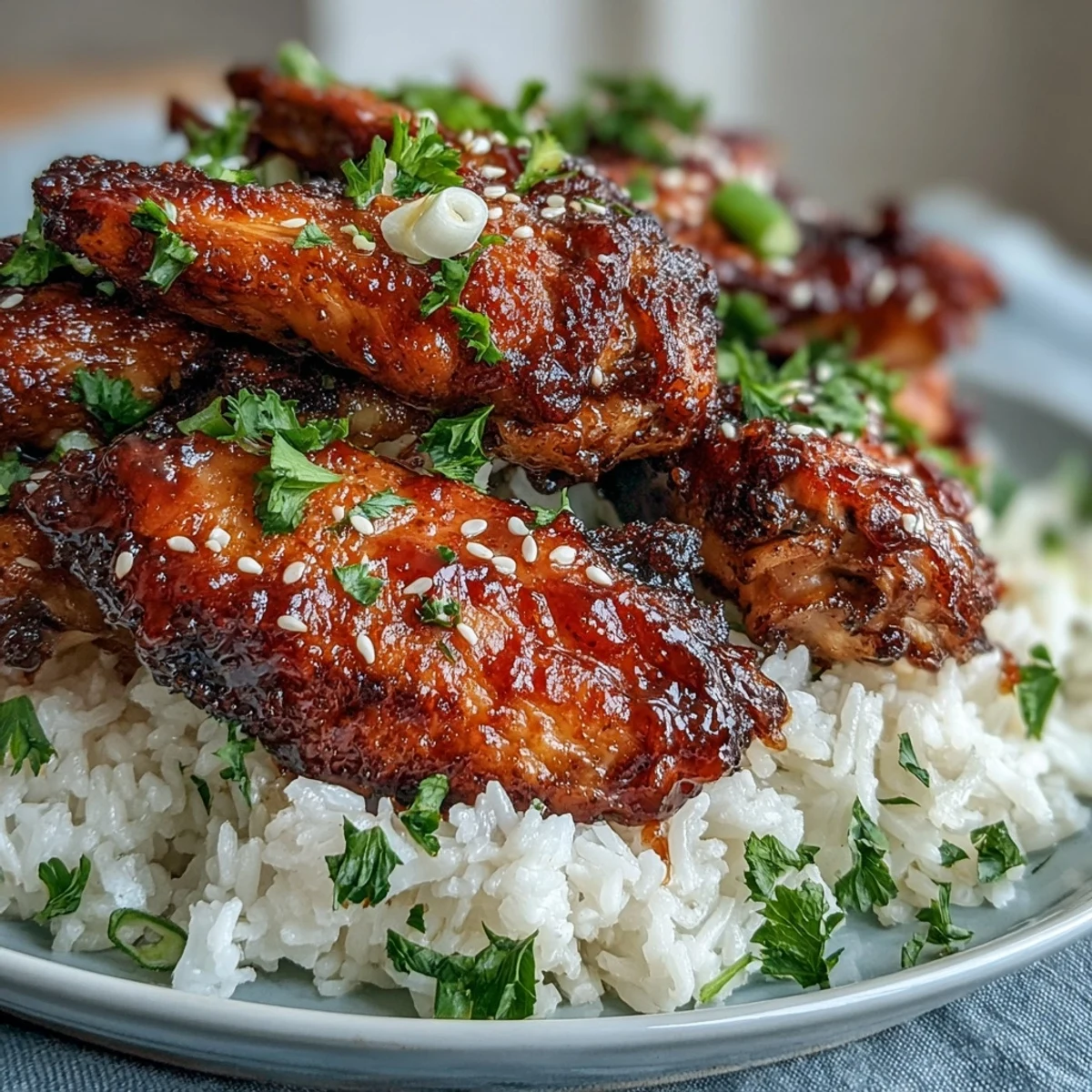 Sticky, glossy honey garlic BBQ sauce glistening on tender baked chicken wings served with savory buttered rice.