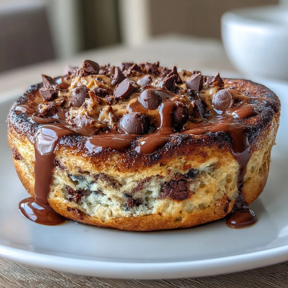 A high-protein breakfast served in an oven-safe bowl, topped with mini chocolate chips and creamy peanut butter.