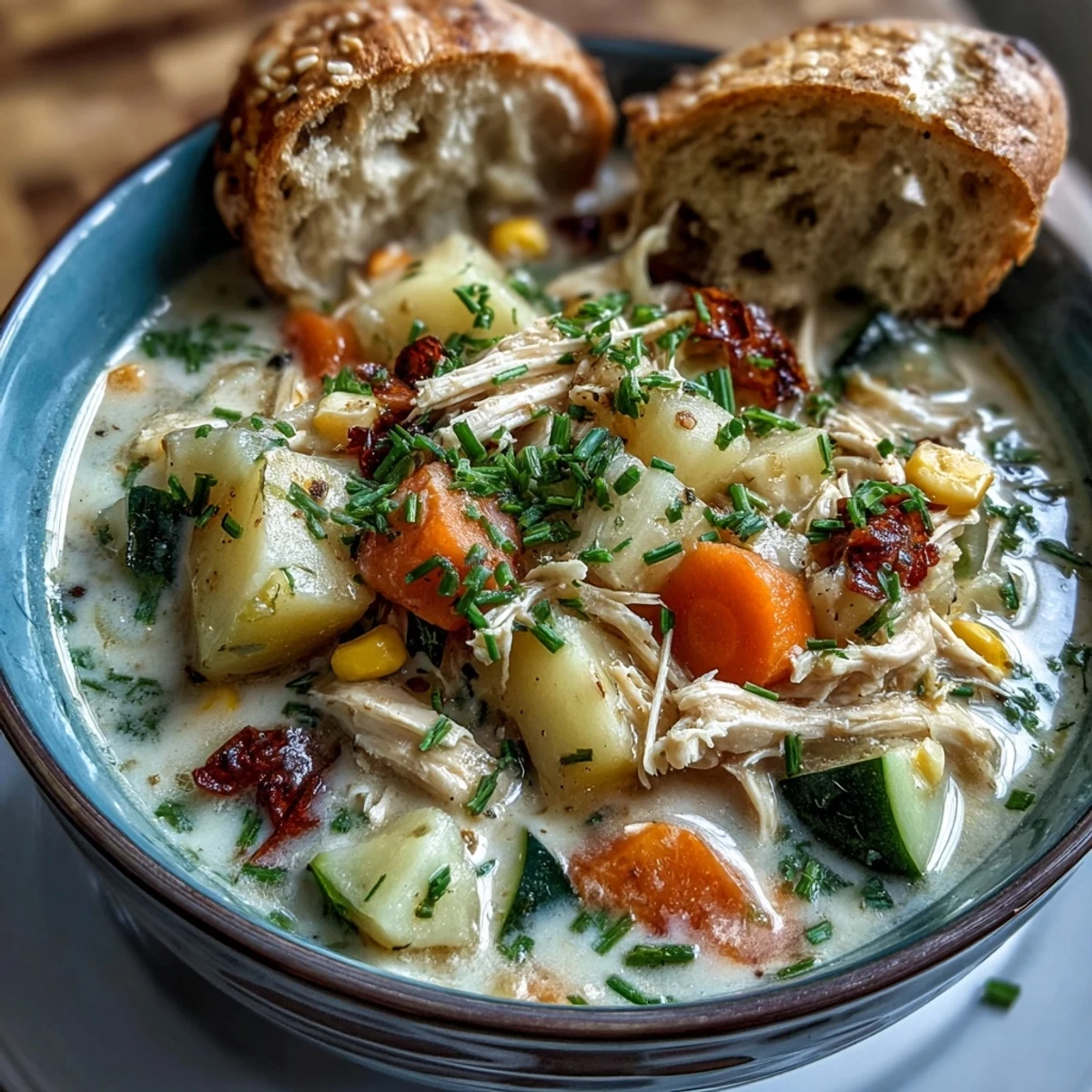 A steaming bowl of Ranch Chicken Veggie Soup filled with tender shredded chicken, corn, and diced potatoes in a creamy, herb-flecked broth.