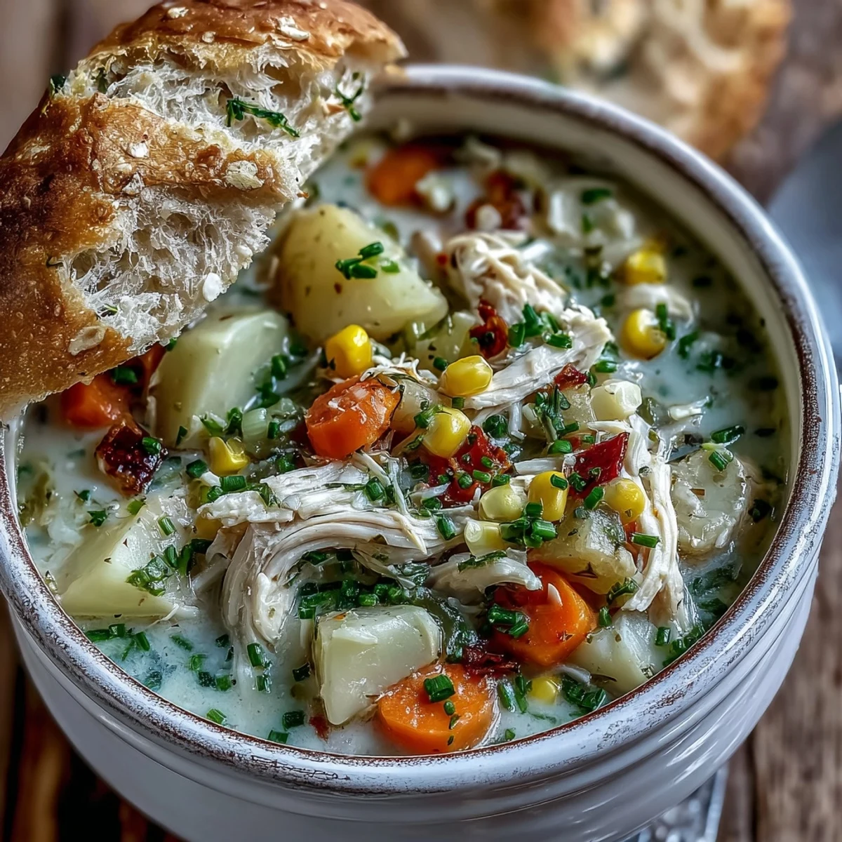 Ready-to-serve Ranch Chicken Veggie Soup garnished with fresh chives and parsley, paired with a slice of crusty bread for dipping.