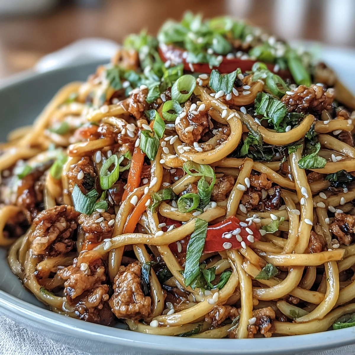 Ground turkey and chewy noodles coated in glossy sweet-spicy Korean sauce, garnished with sesame seeds.