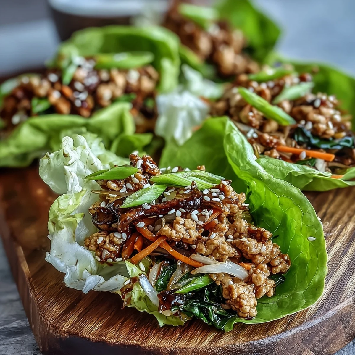Healthy Turkey Potsticker Stir-Fry Lettuce Wraps served in crisp butter lettuce cups, perfect for a low-carb meal.