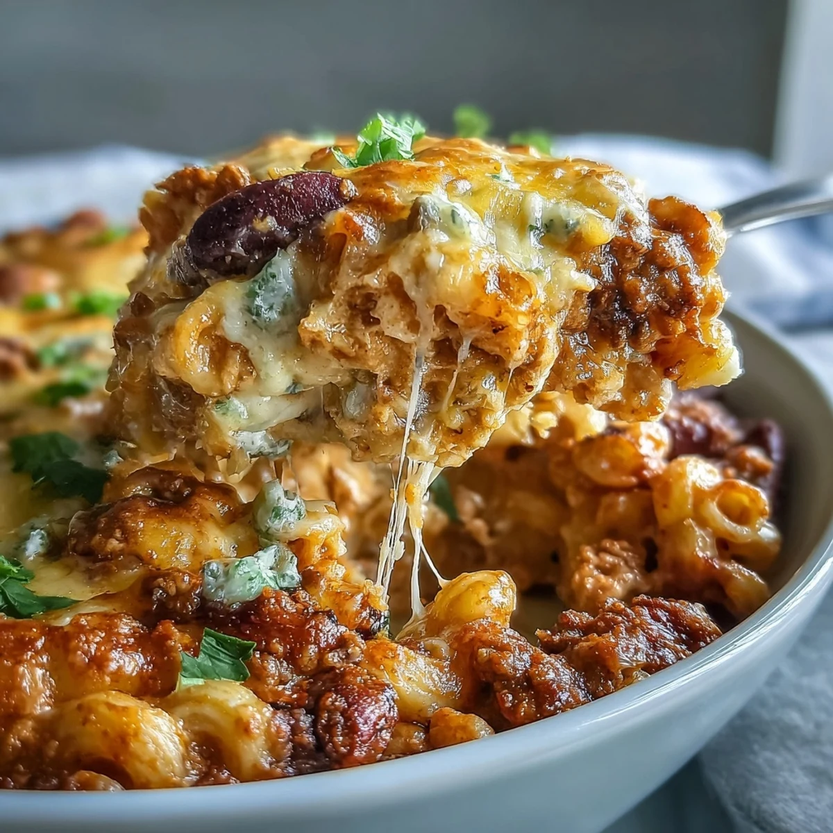 Golden, bubbly sharp cheddar blankets Baked Ranch Turkey Chili Mac fresh from a 375°F oven in a Dutch oven.