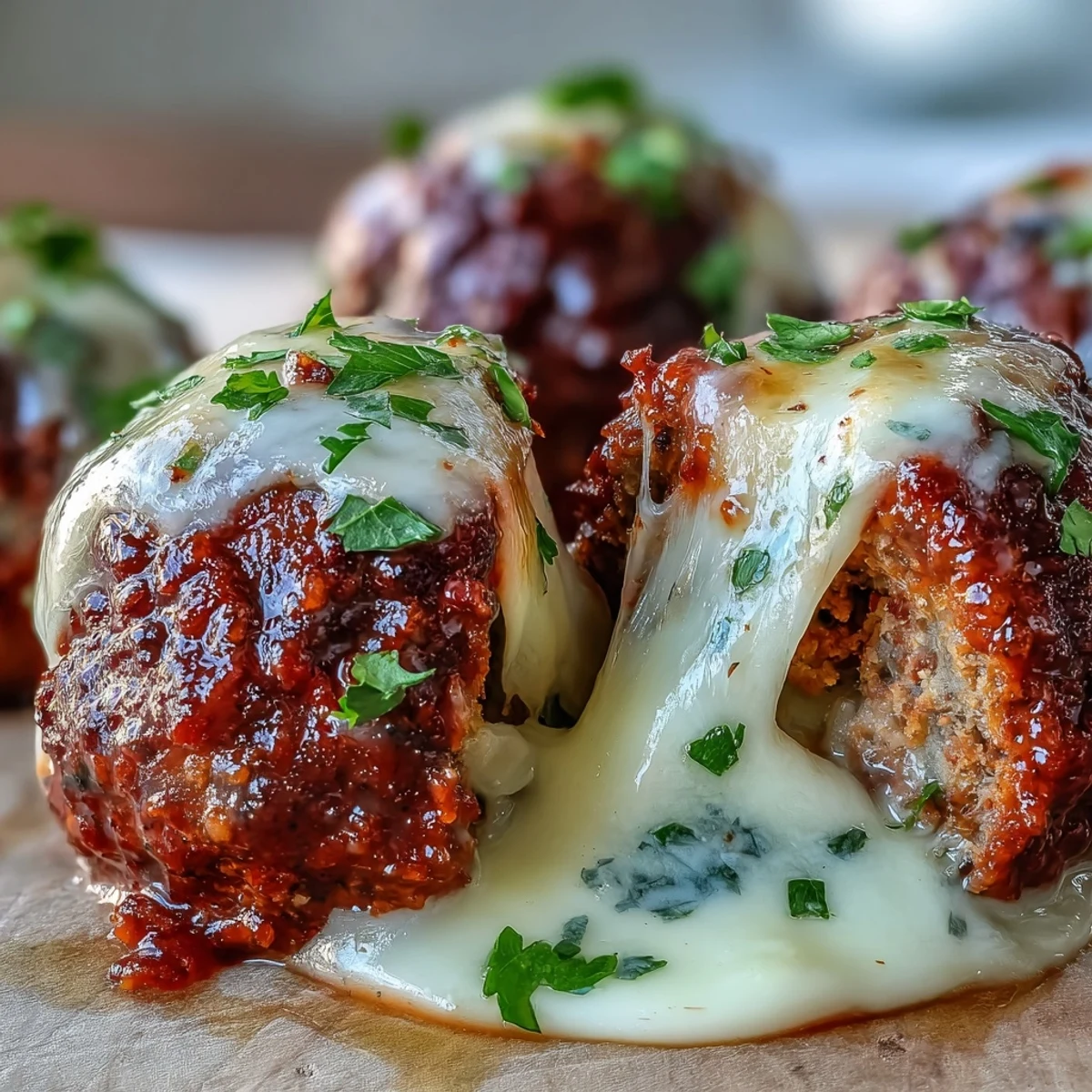 Homemade Baked Spicy Chicken Parm Meatballs in a skillet with marinara sauce and mozzarella, garnished with parsley, perfect for sandwich sliders.