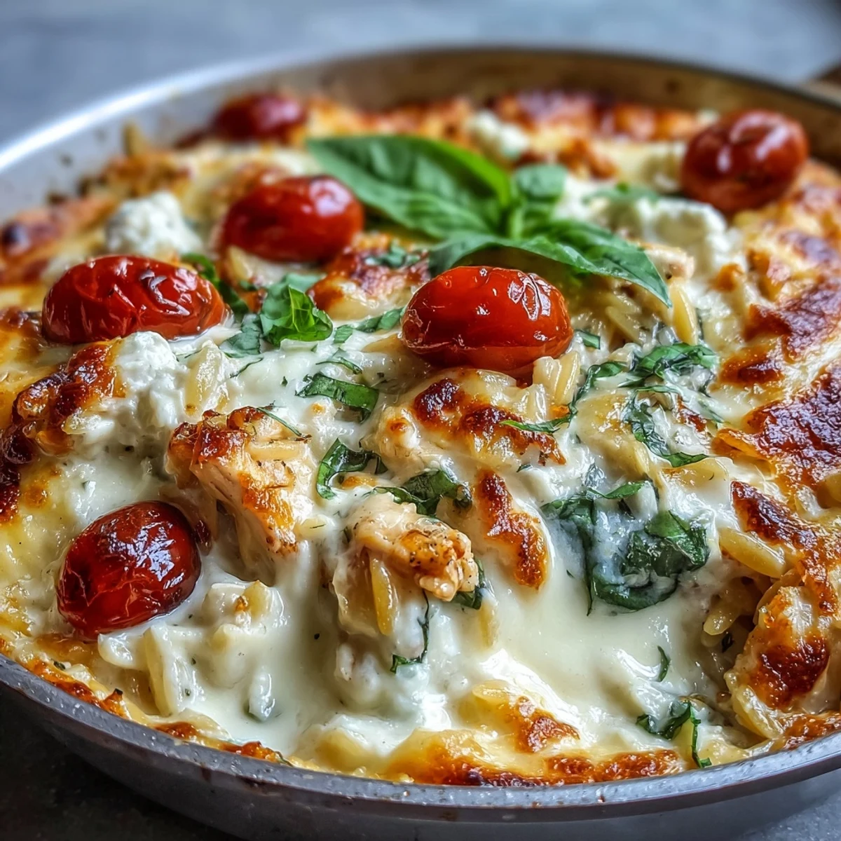 Golden, creamy One-Pan Creamy Chicken Lasagna Orzo bubbling in a skillet with melted mozzarella and ricotta dollops.
