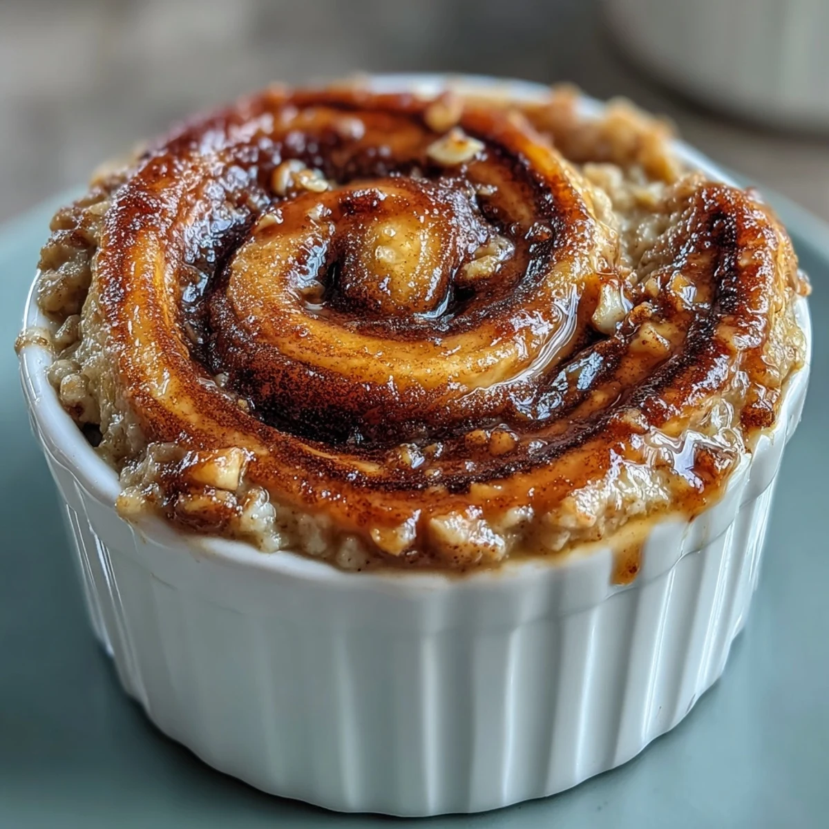 Golden-brown Cinnamon Swirl Protein Banana Baked Oats fresh from the ramekin with steam rising.