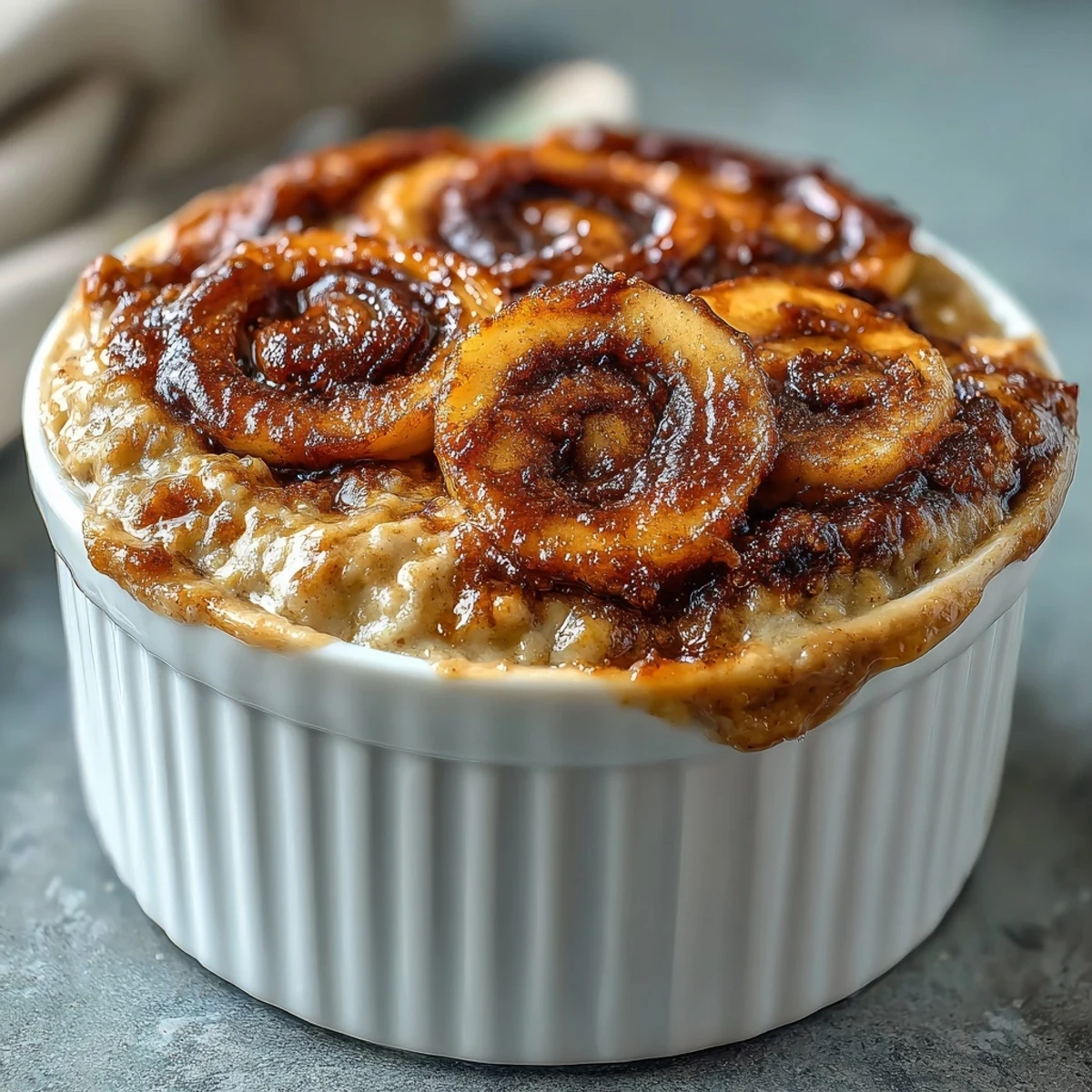 Freshly baked Cinnamon Swirl Protein Banana Baked Oats topped with banana slices and yogurt.