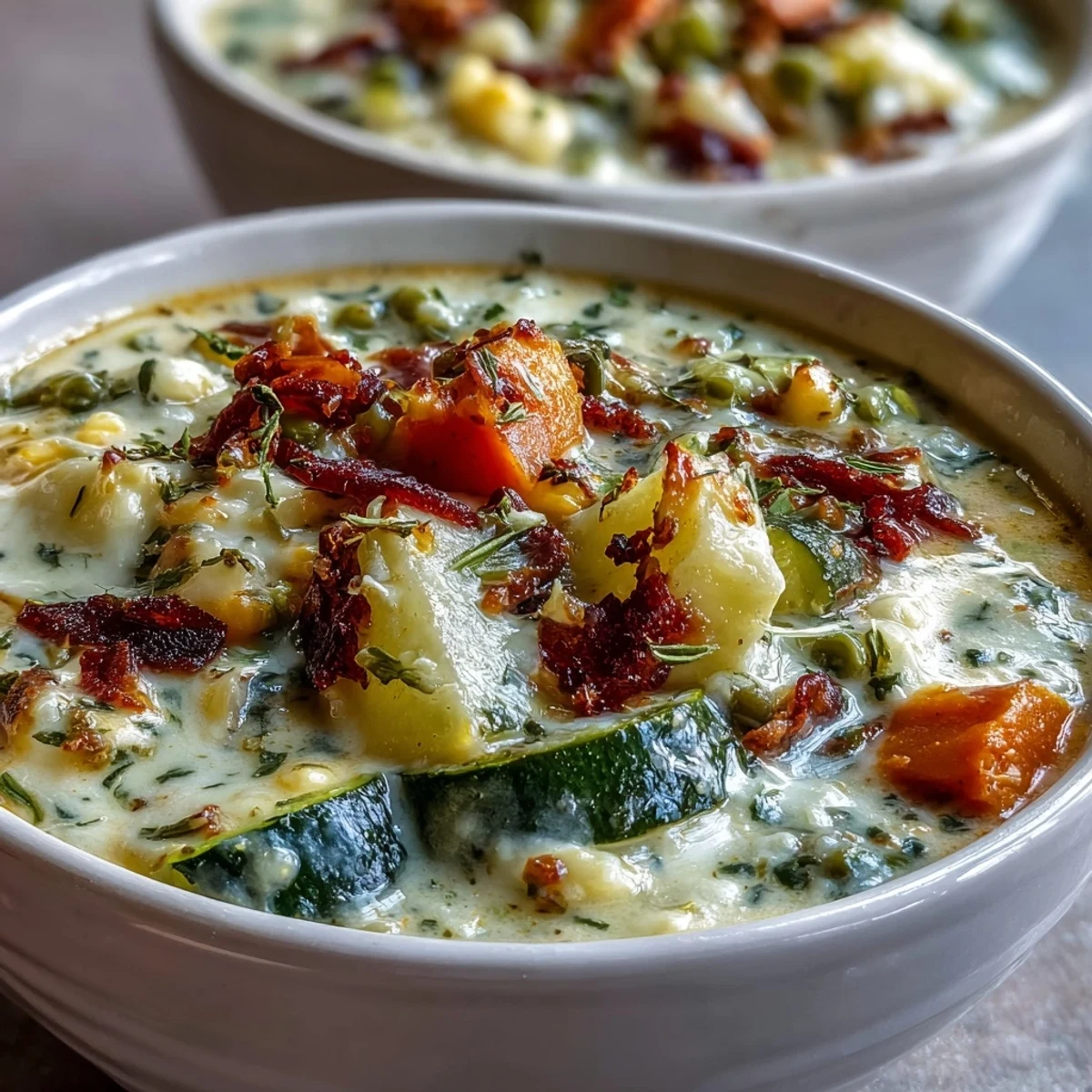 A ladle scoops into rich Creamy Garlic Parmesan Veggie Soup, revealing melted mozzarella stretch and vibrant corn and peas.