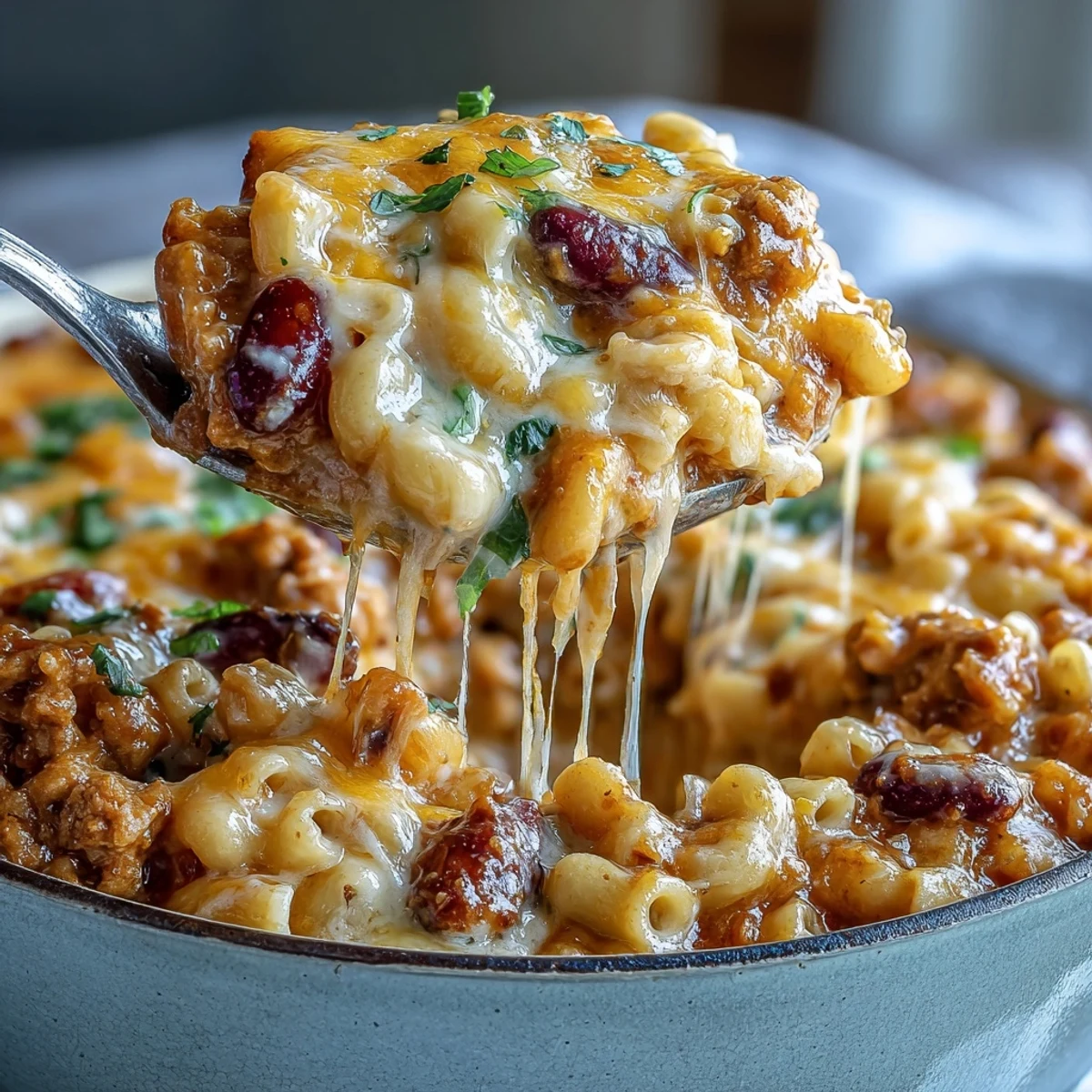 Golden, bubbly cheddar tops a hearty Baked Ranch Turkey Chili Mac, served in a white bowl with a spoon.