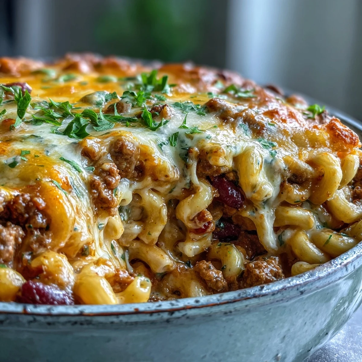 Spoon serving of Baked Ranch Turkey Chili Mac revealing tender pasta and beans in a rich, zesty ranch sauce.