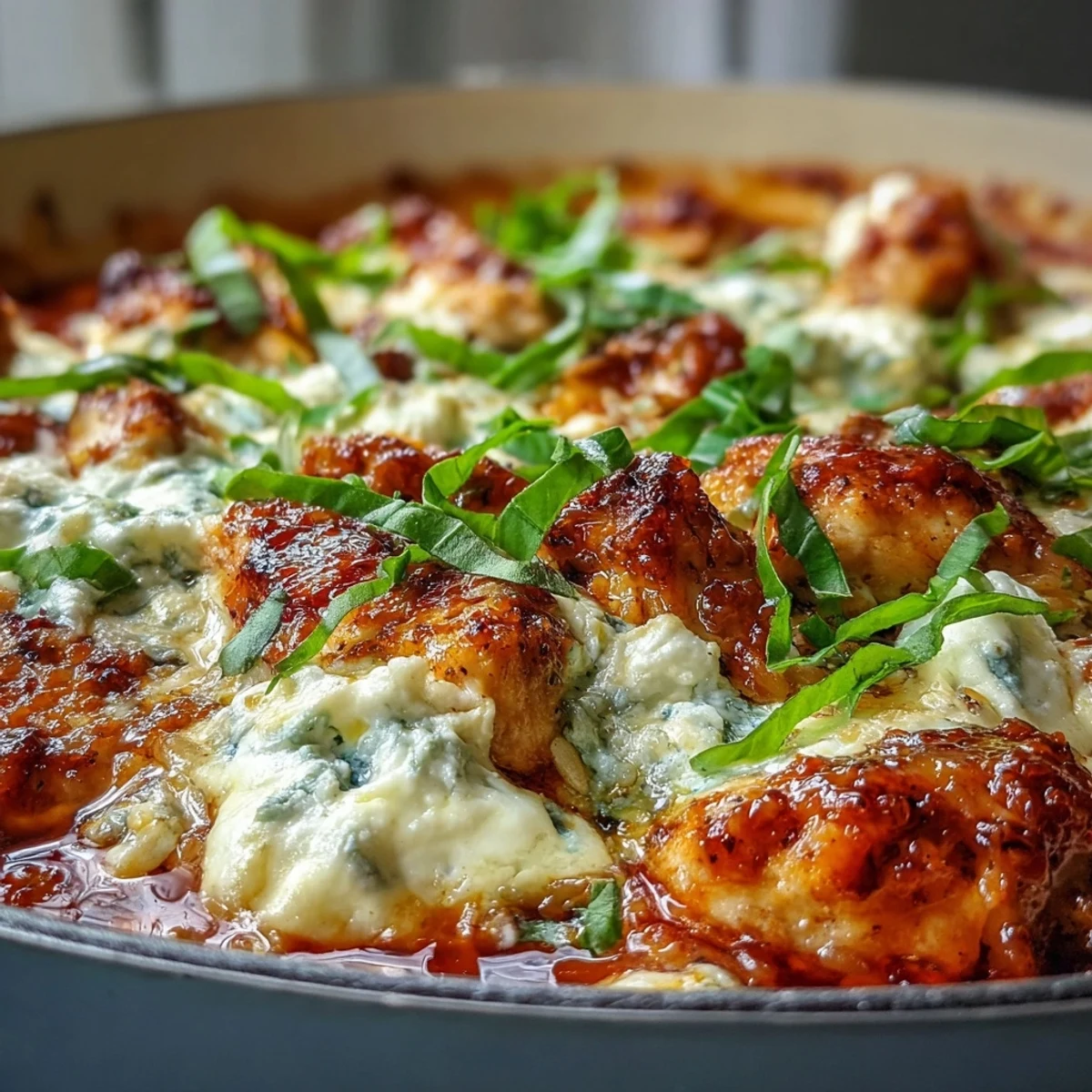 A rustic bowl holds one-pan creamy chicken lasagna orzo topped with ricotta and a side salad.