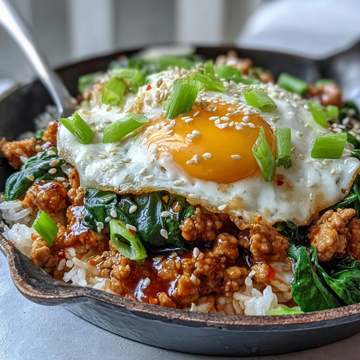 Ground turkey, carrots, and spinach simmer in a gochujang sauce, mixed with fluffy rice in this creamy skillet.