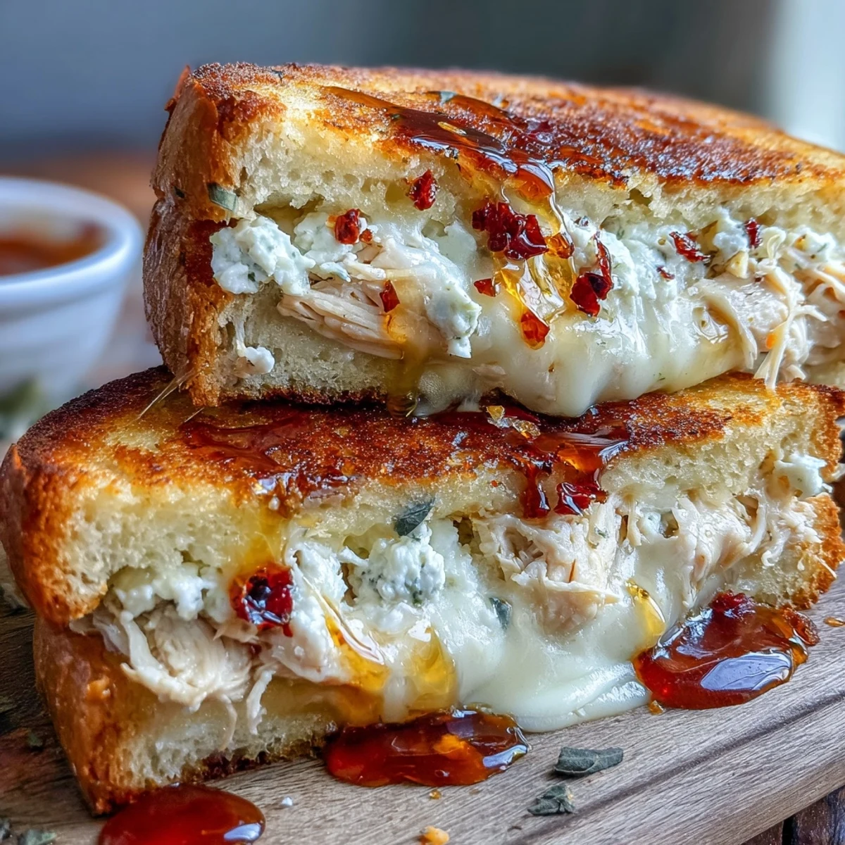 Close-up of a warm Goat Cheese & Hot Honey Chicken Grilled Cheese, oozing melted cheese with a side of tomato soup for dipping.