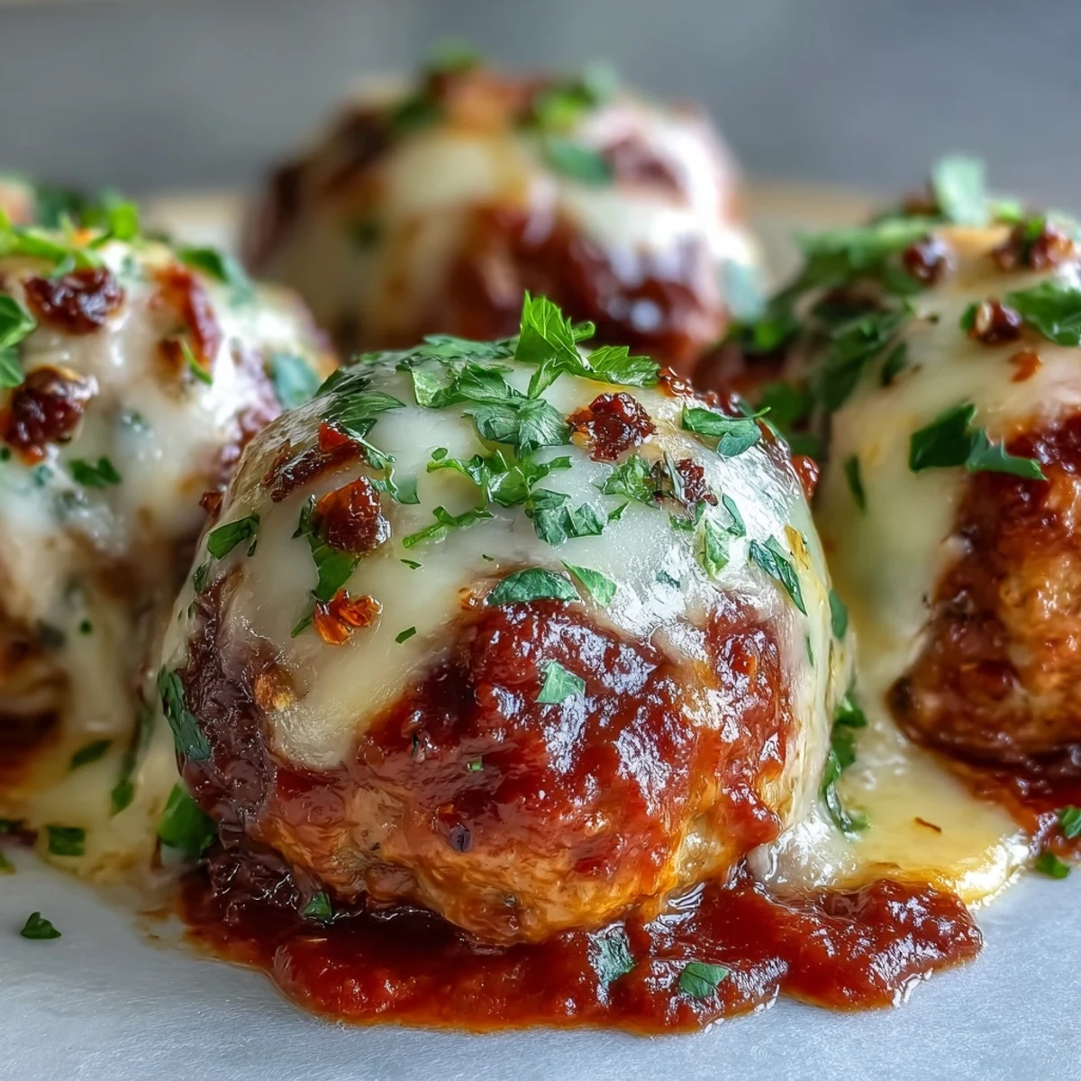 A close-up of Baked Spicy Chicken Parm Meatballs reveals saucy, spicy texture and golden cheese, ideal for serving on toasted Italian rolls.