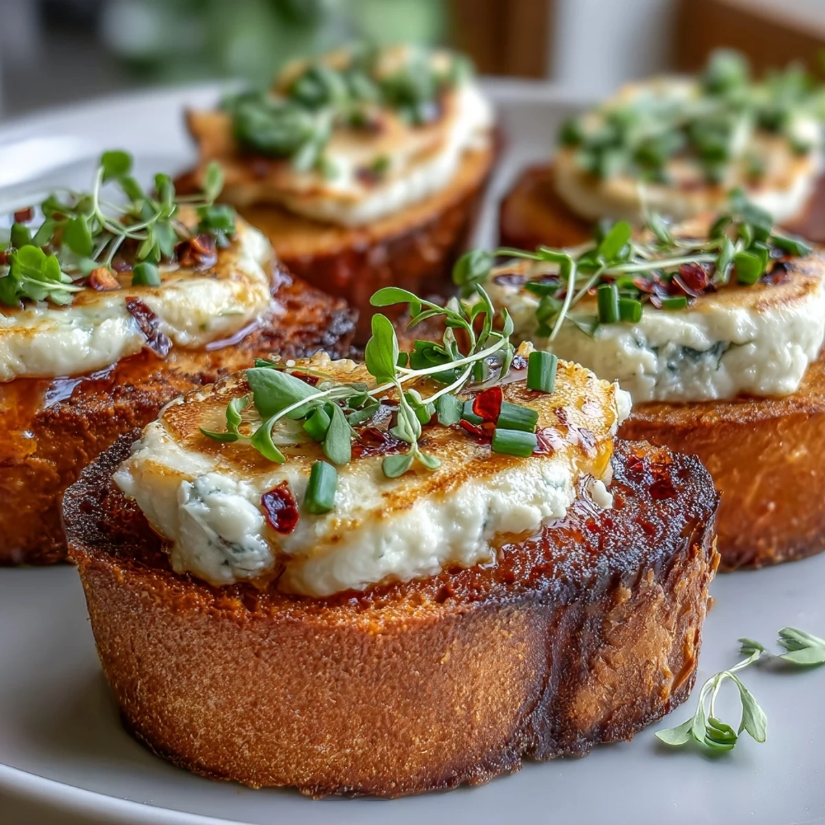 Golden, crispy baguette slices generously topped with creamy goat cheese spread and a glossy, spicy hot honey drizzle for a bold bite.