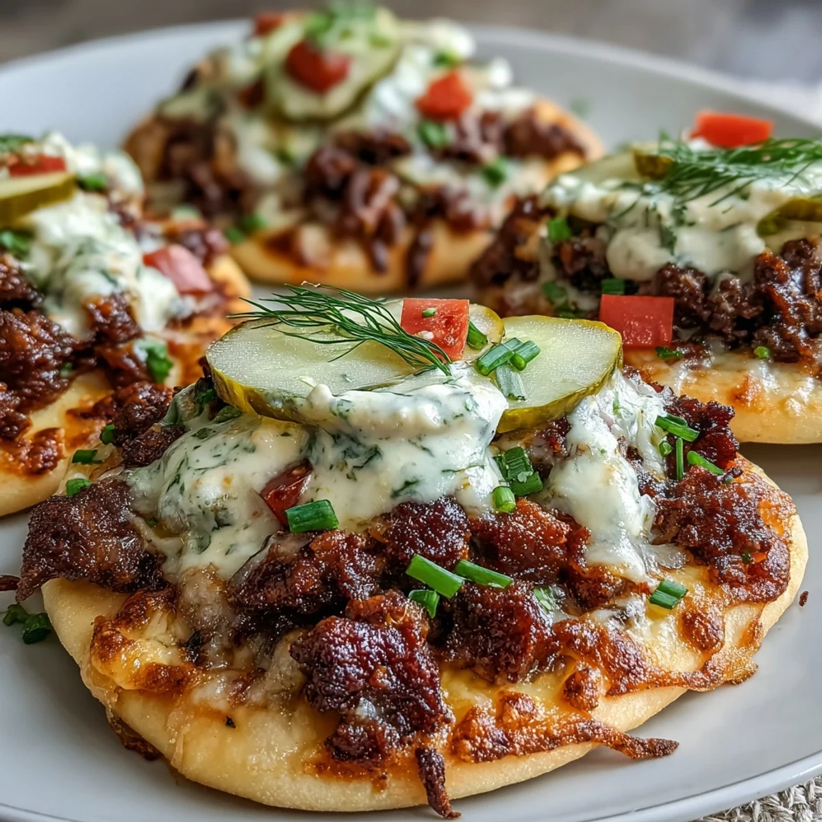 Four mini garlic naan breads are baked with seasoned ground beef, melted cheddar cheese sauce, and tangy dill pickle slices for a fun handheld meal.