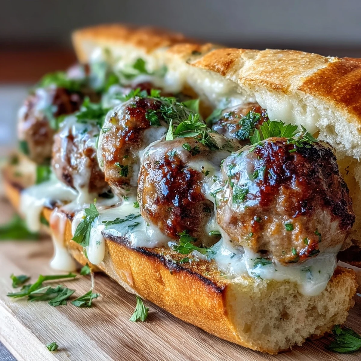 Golden baked turkey meatballs in a rich garlic Parmesan sauce, stuffed into toasted sub rolls topped with melted mozzarella and fresh parsley.