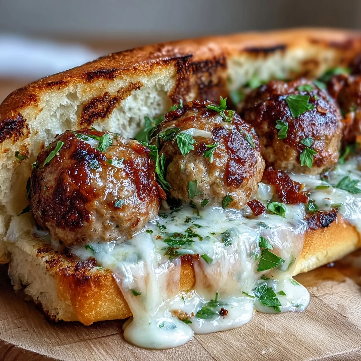 Four toasted subs filled with saucy turkey meatballs and creamy garlic Parmesan sauce, resting on a wooden board for a rustic presentation.