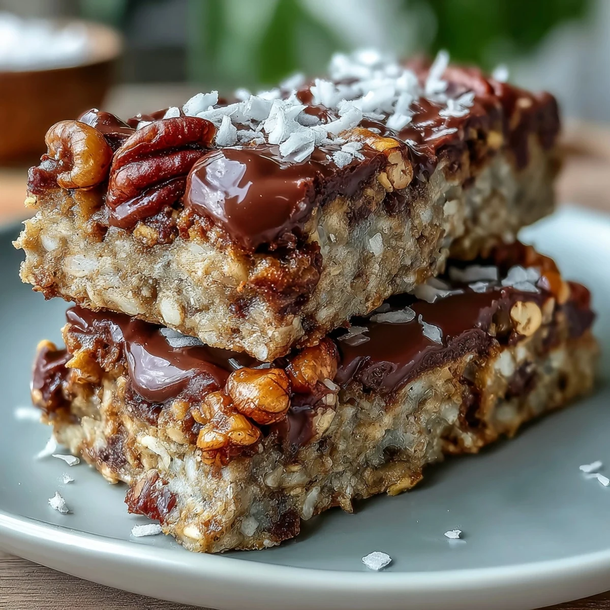 Dark chocolate drizzled Chunky Monkey Protein Baked Oat Bars on a rustic wooden board with a glass of almond milk