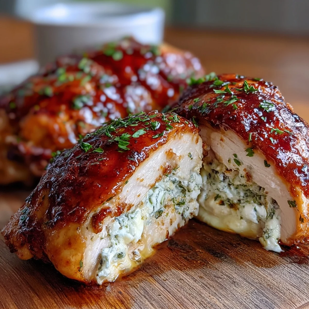 Oven-roasted Hot Honey Ricotta Stuffed Chicken breasts resting on a platter, dripping with a glossy golden glaze. Fresh herbs garnish the juicy, cheese-filled slices, ready to serve alongside a crisp green salad for a beautiful dinner. 