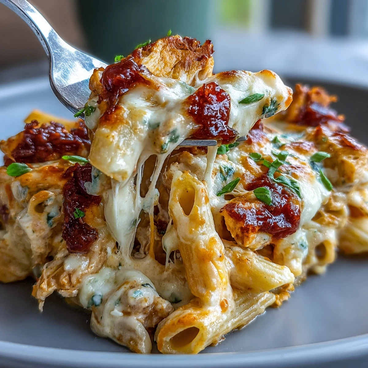Freshly baked Buffalo Ranch Chicken Pasta Bake served hot with blue cheese crumbles and a rustic wooden spoon nearby.