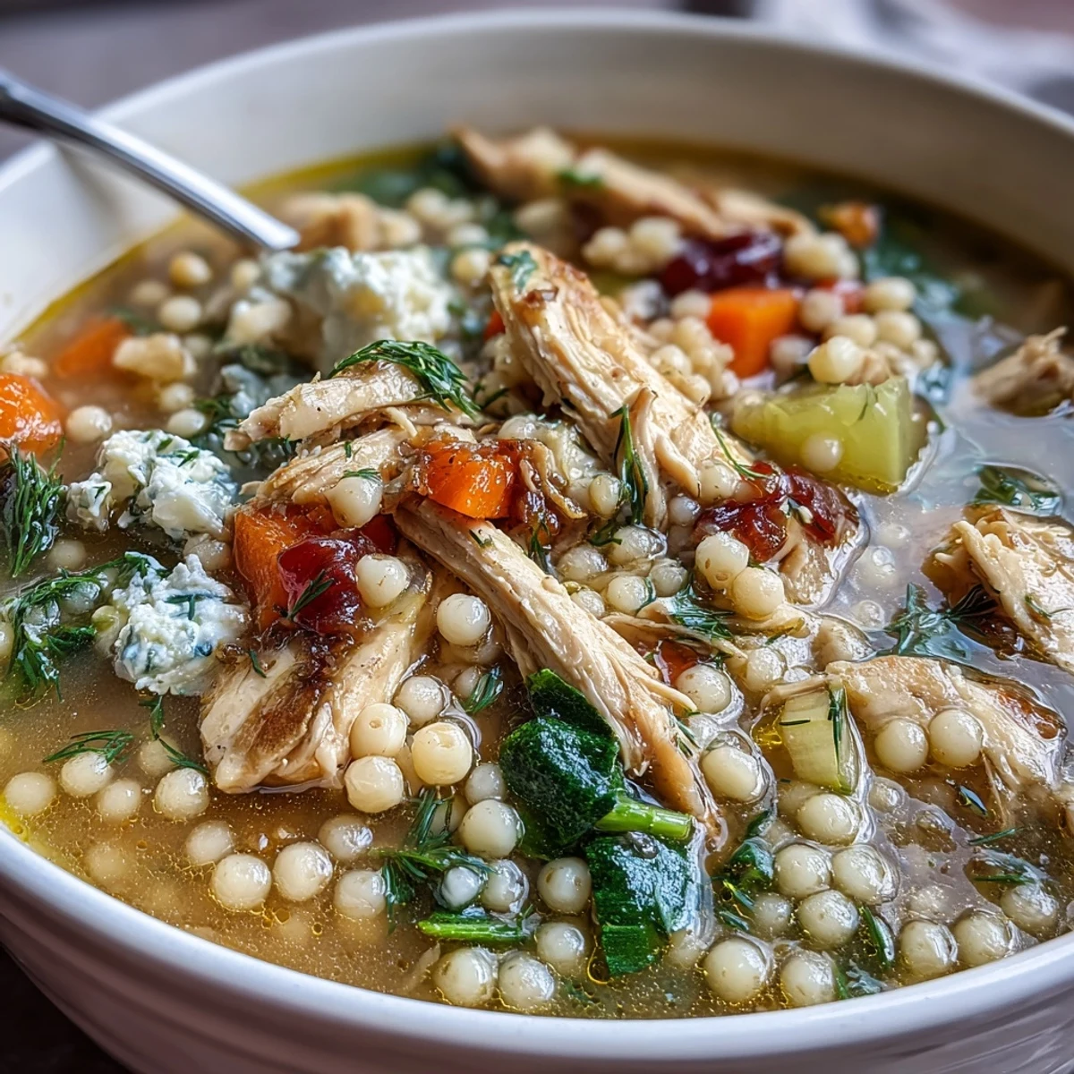 Steaming Greek Chicken & Pearl Couscous Soup served with crusty bread for dipping, showcasing tender chicken and a creamy feta garnish.