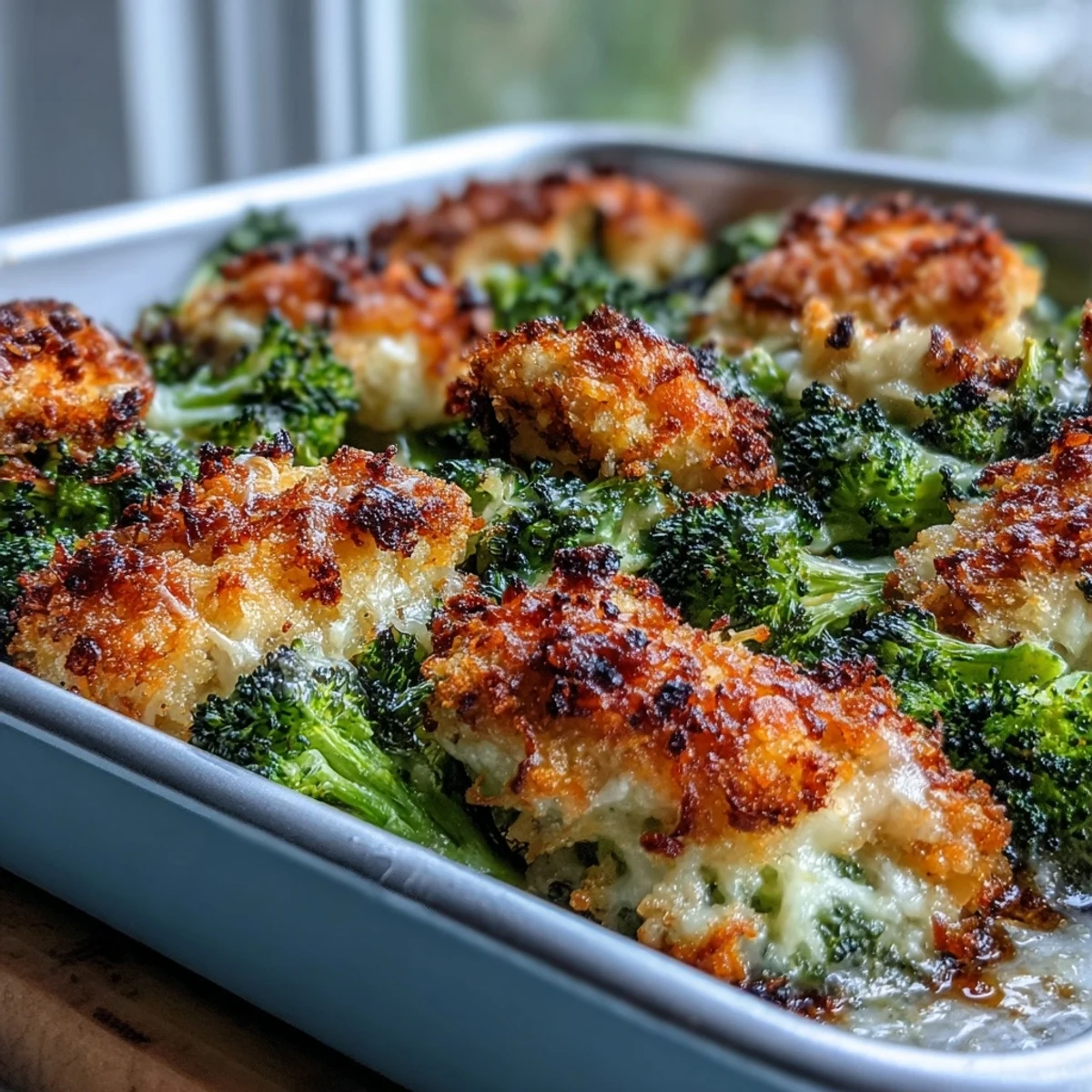 Overhead view of Crispy Parmesan Broccoli & Chicken Trays served on a white plate with lemon wedges.